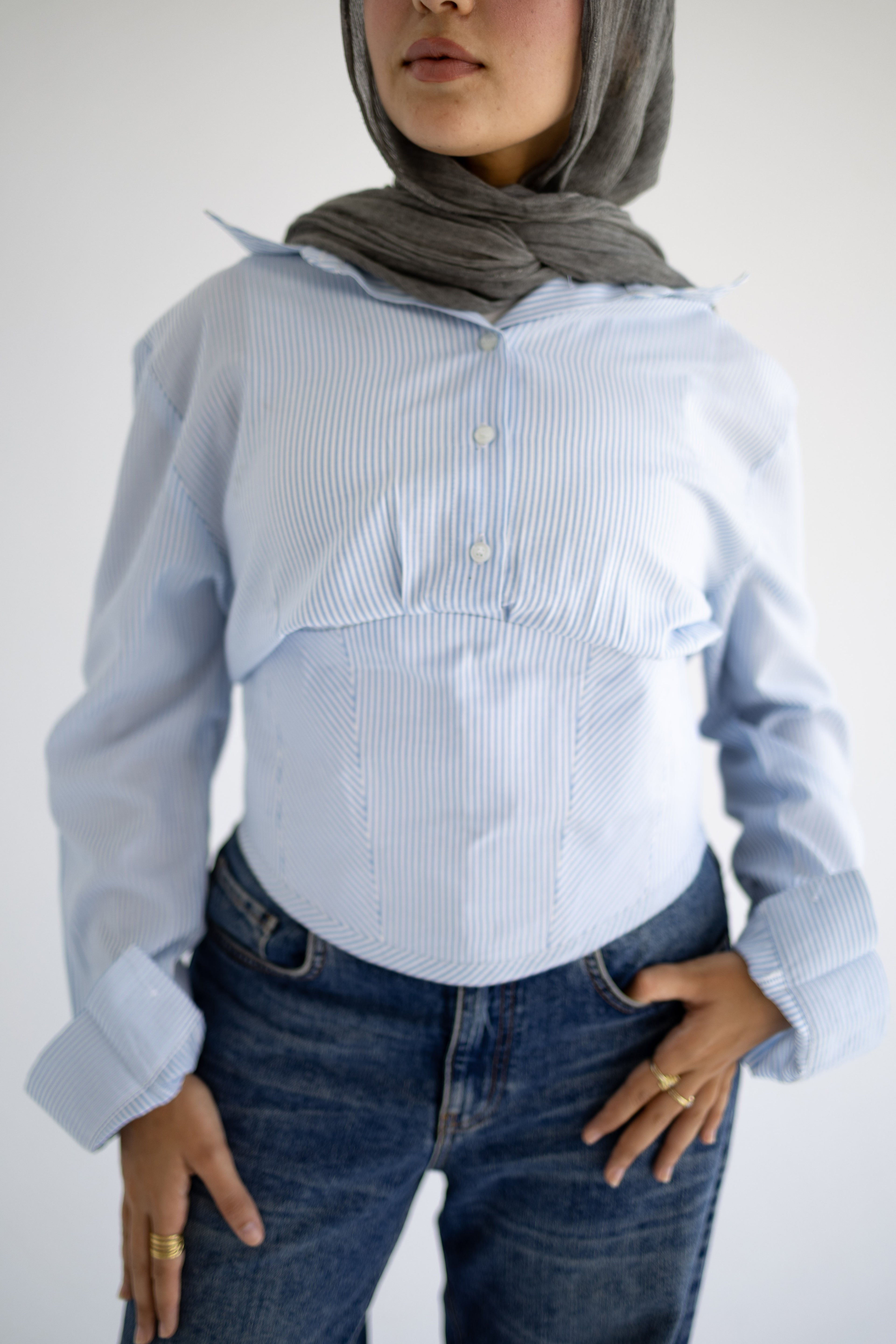 the Contour Button Up  In Blue stripes