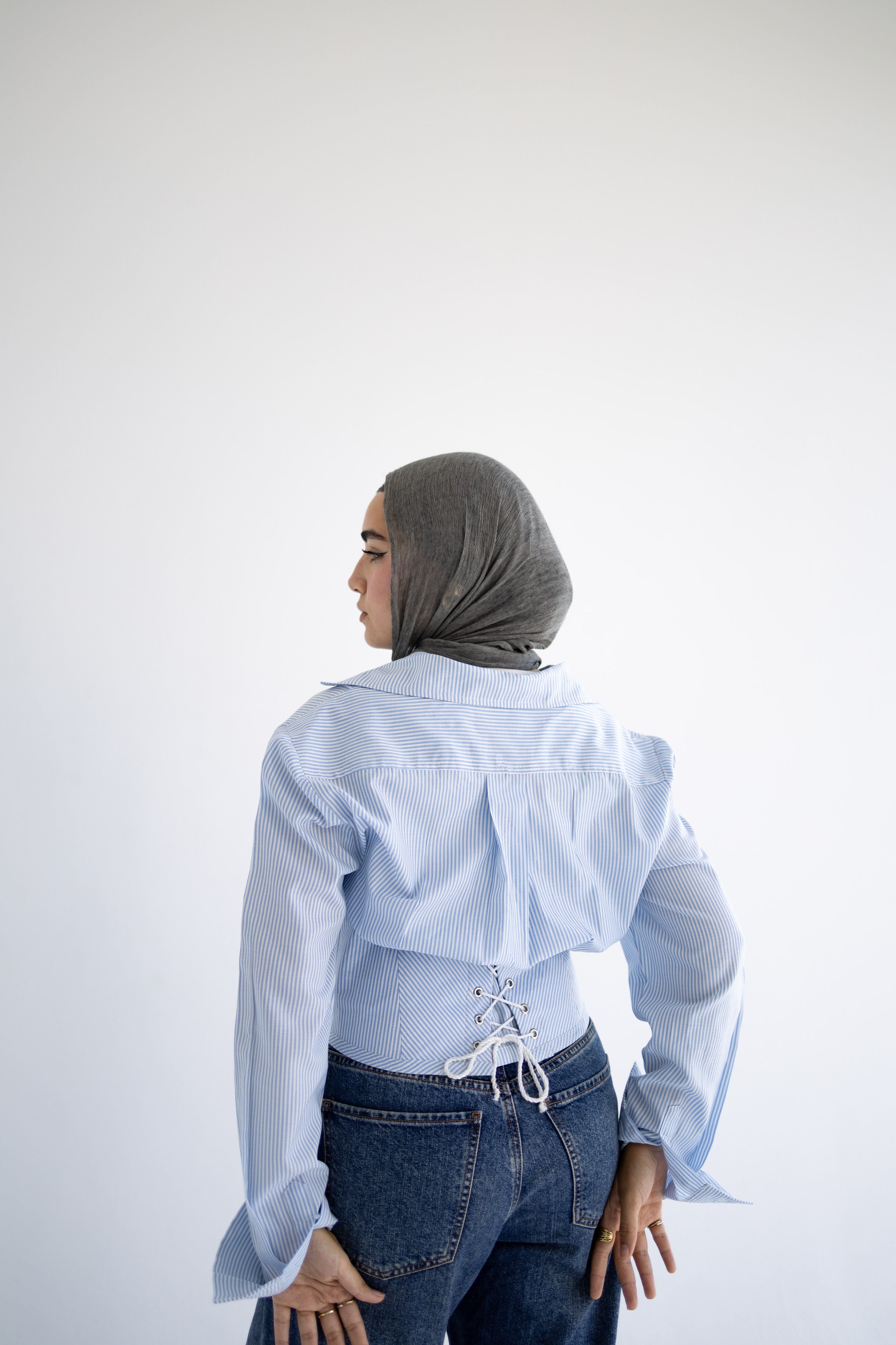 the Contour Button Up  In Blue stripes