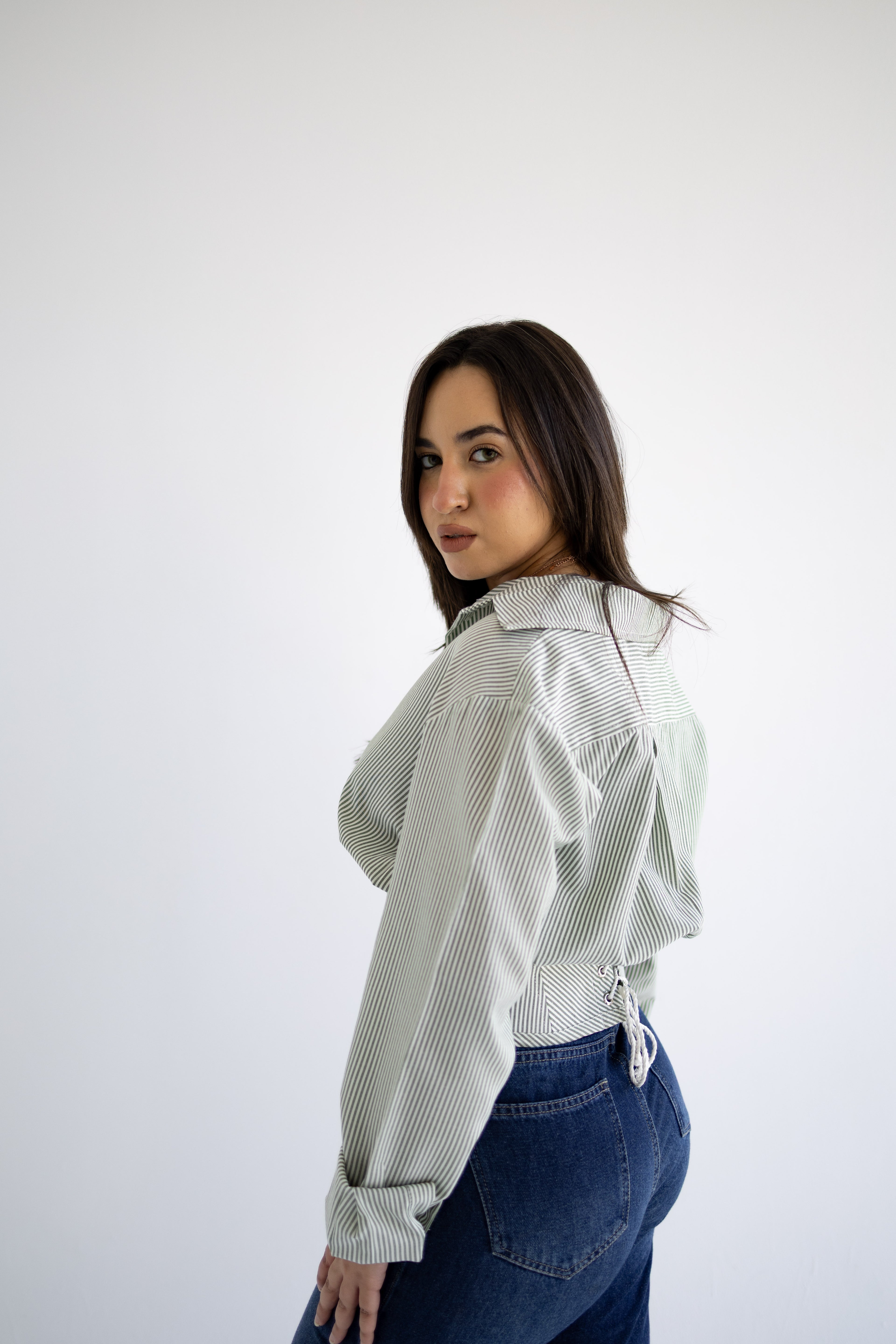 The Contour Button Up In Olive Stripes