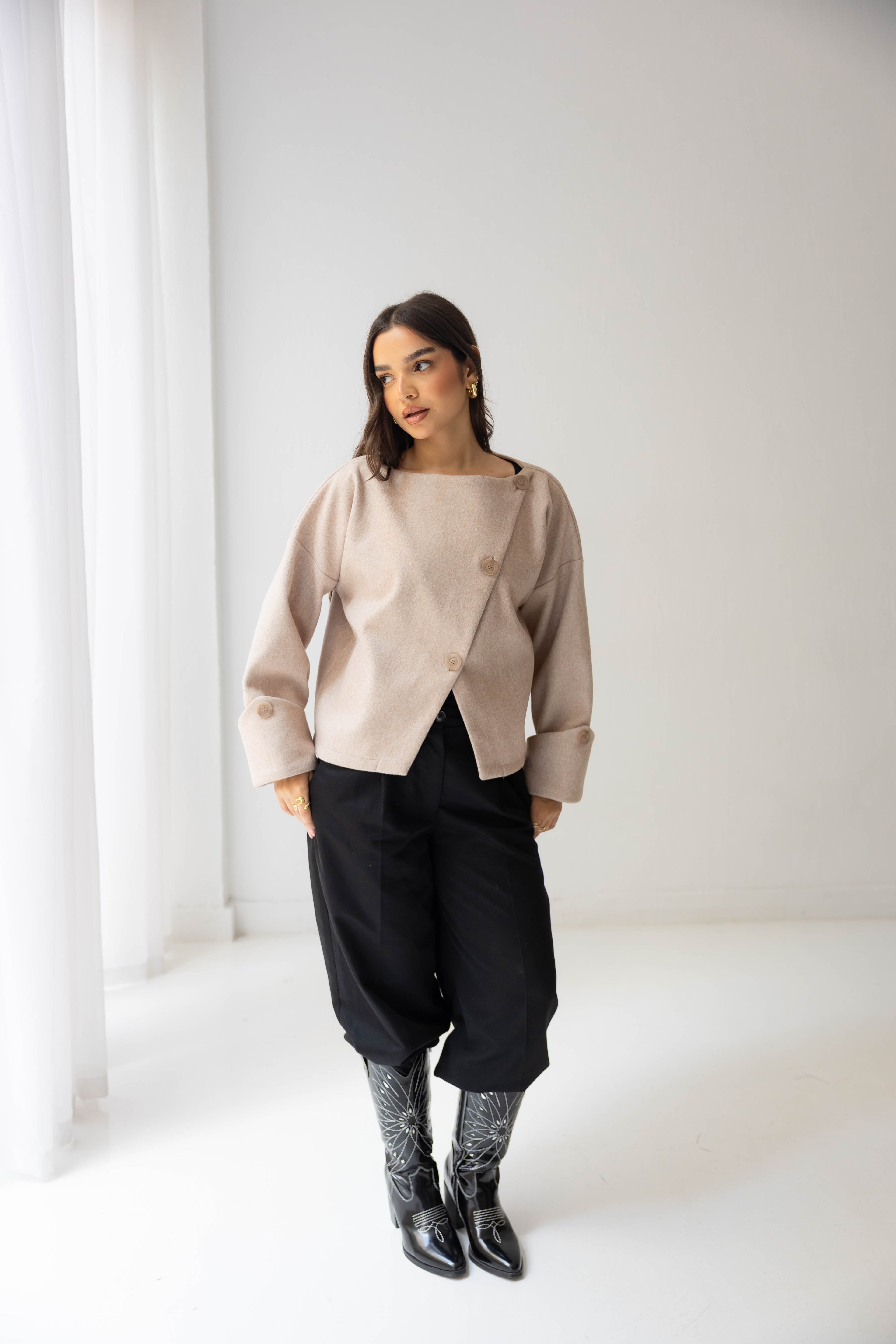 Nova Asymmetric Short Coat in beige