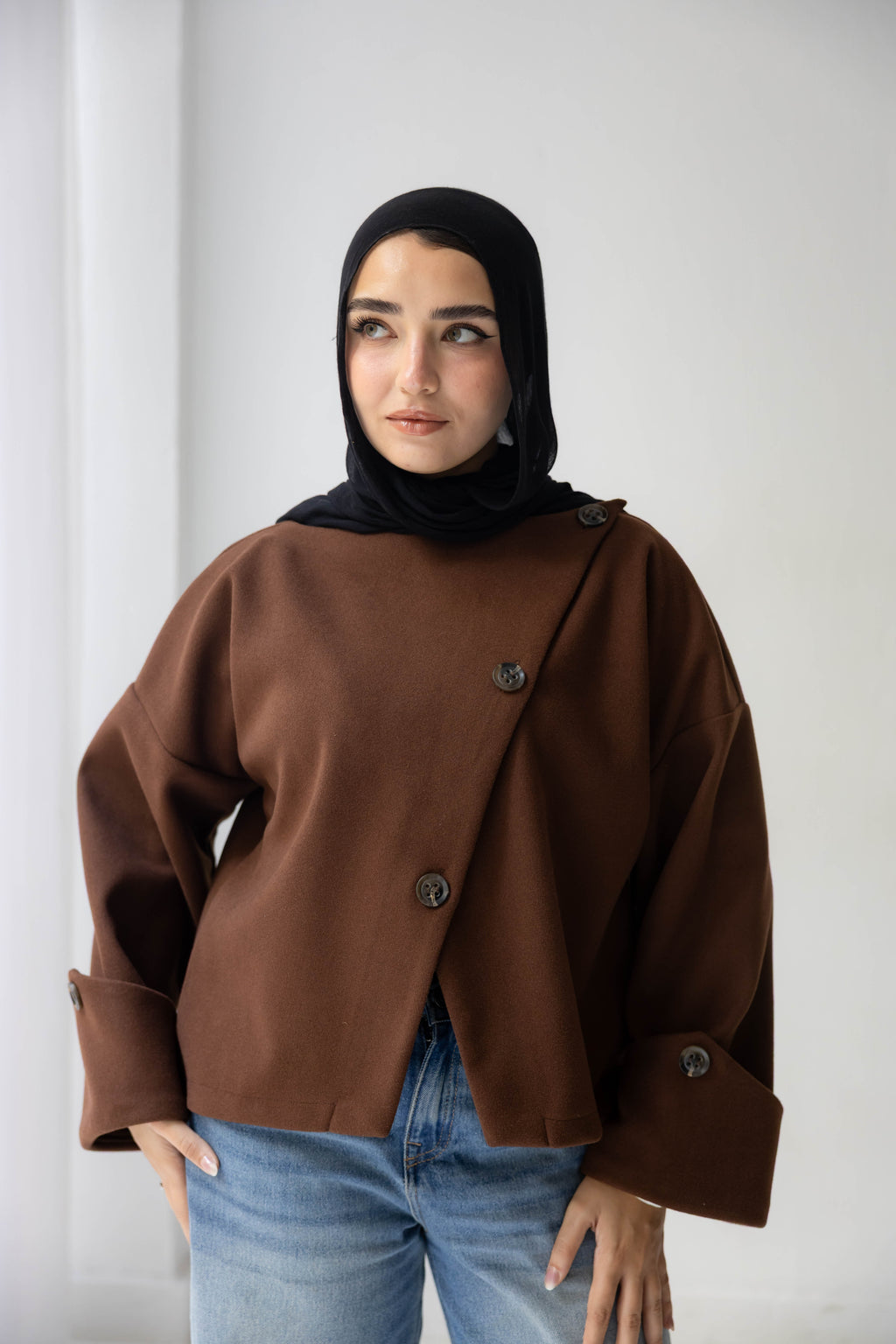 Nova asymmetric short coat in brown