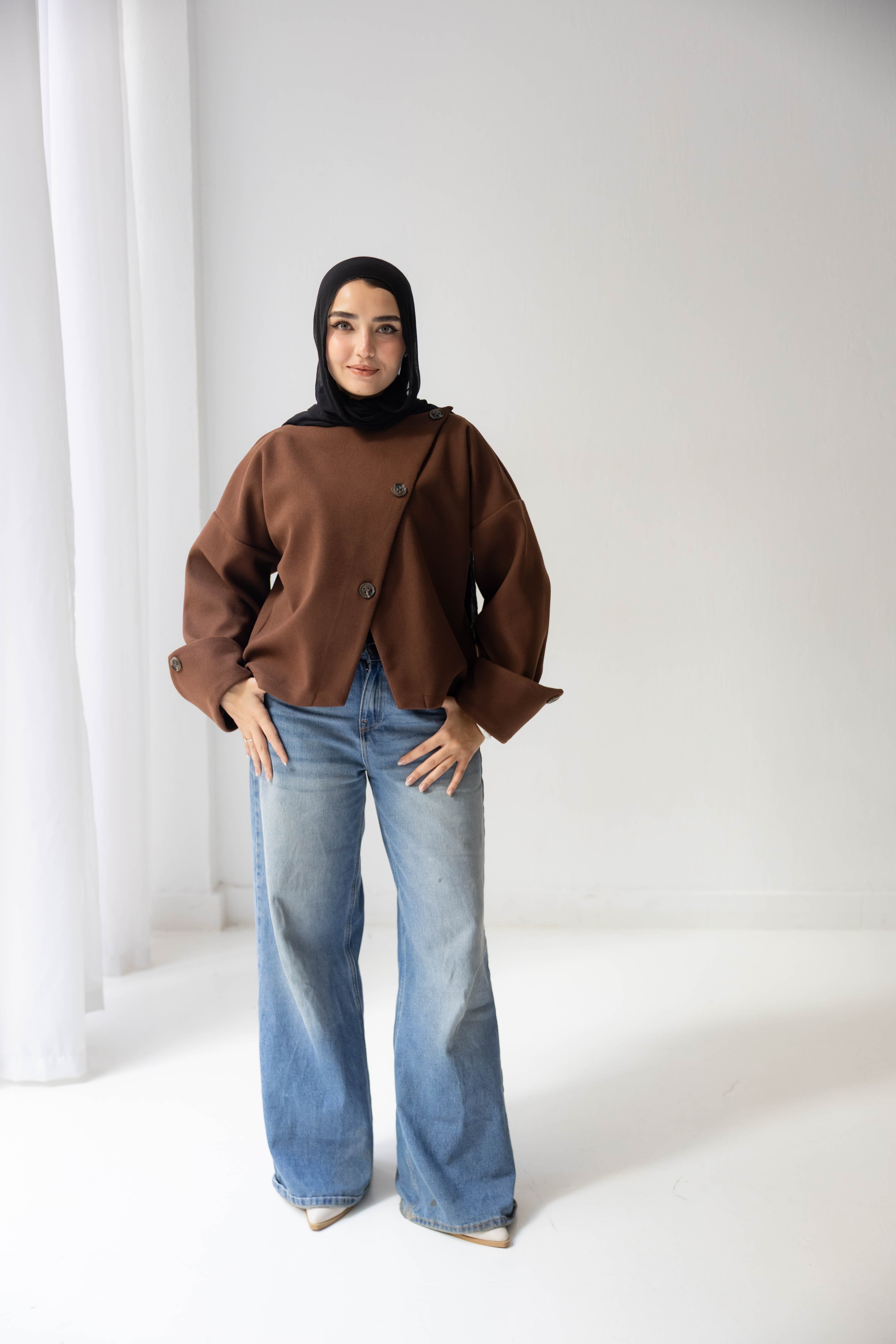 Nova asymmetric short coat in brown