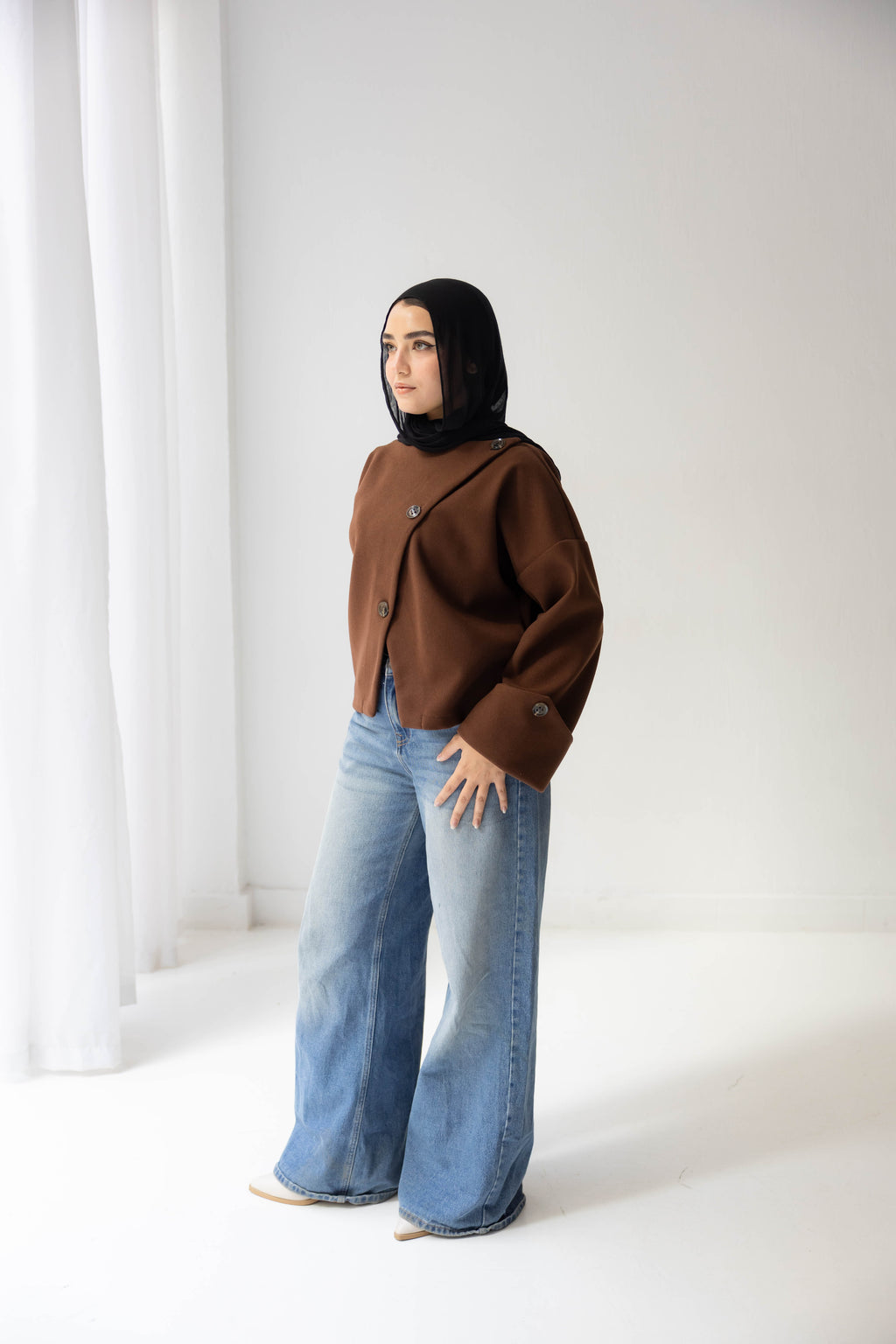 Nova asymmetric short coat in brown