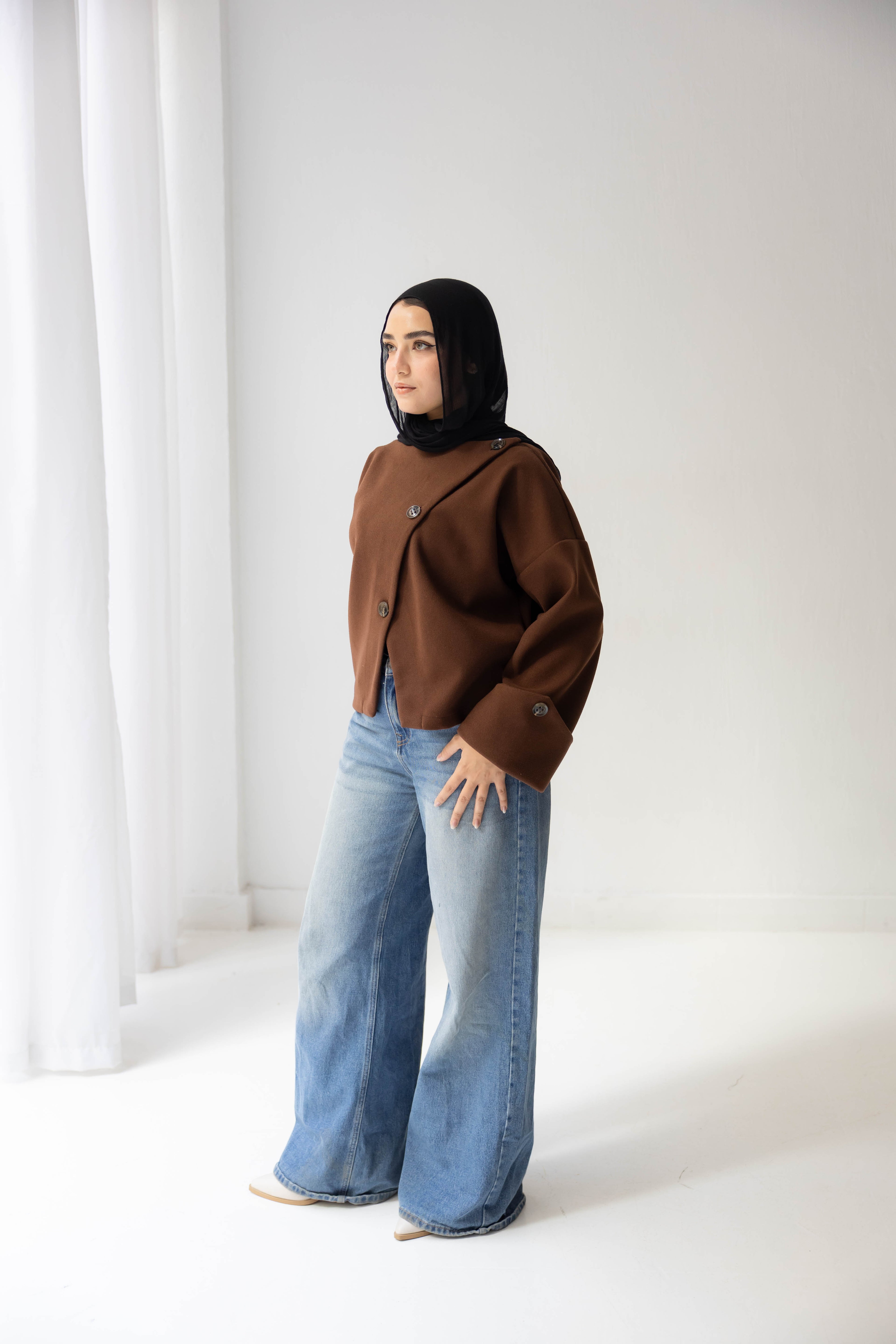 Nova asymmetric short coat in brown