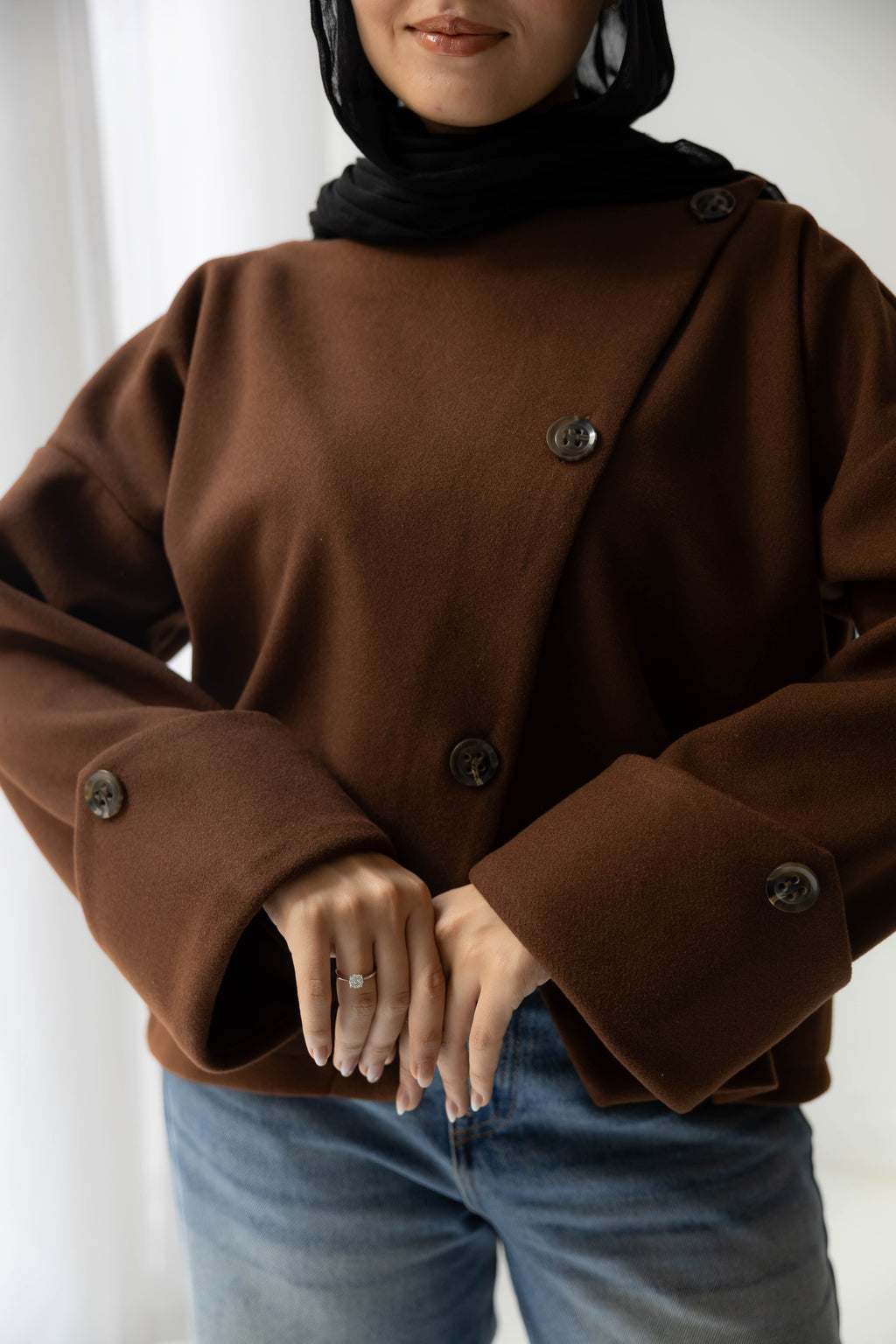 Nova asymmetric short coat in brown