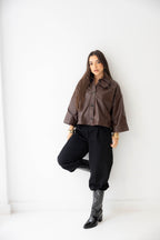 Eden Wide-Sleeve Leather Jacket in brown