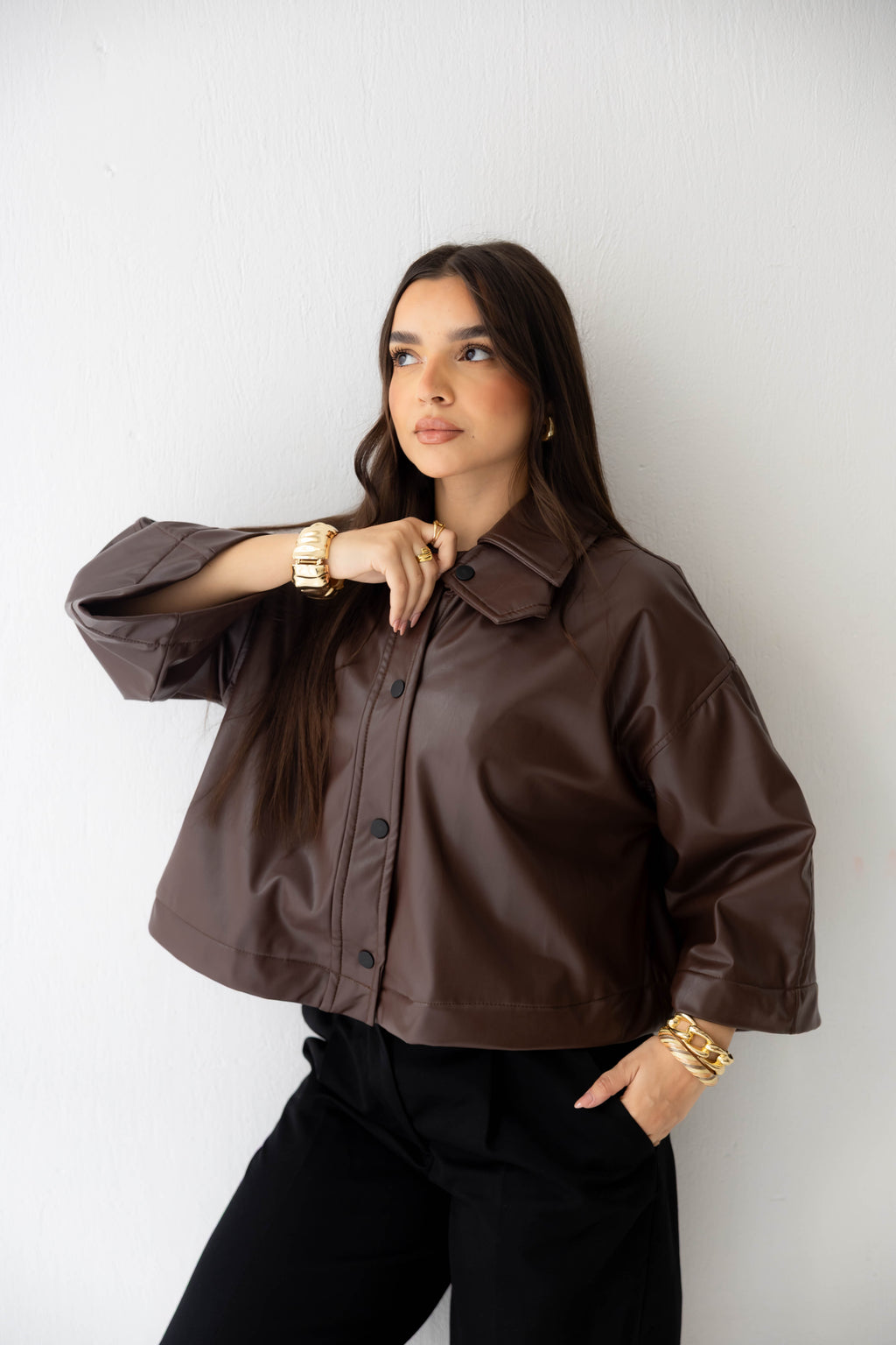 Eden Wide-Sleeve Leather Jacket in brown