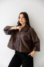 Eden Wide-Sleeve Leather Jacket in brown