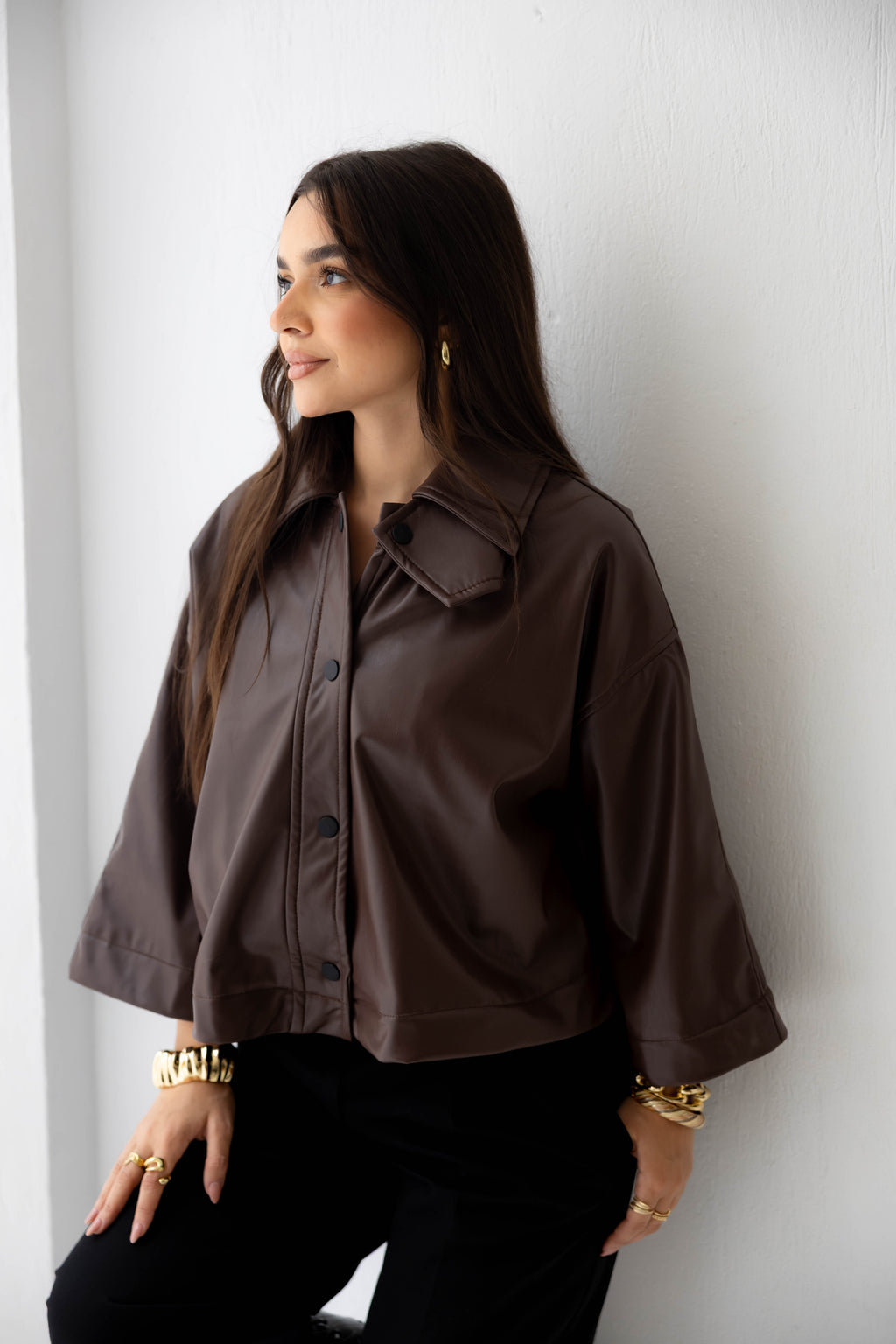 Eden Wide-Sleeve Leather Jacket in brown