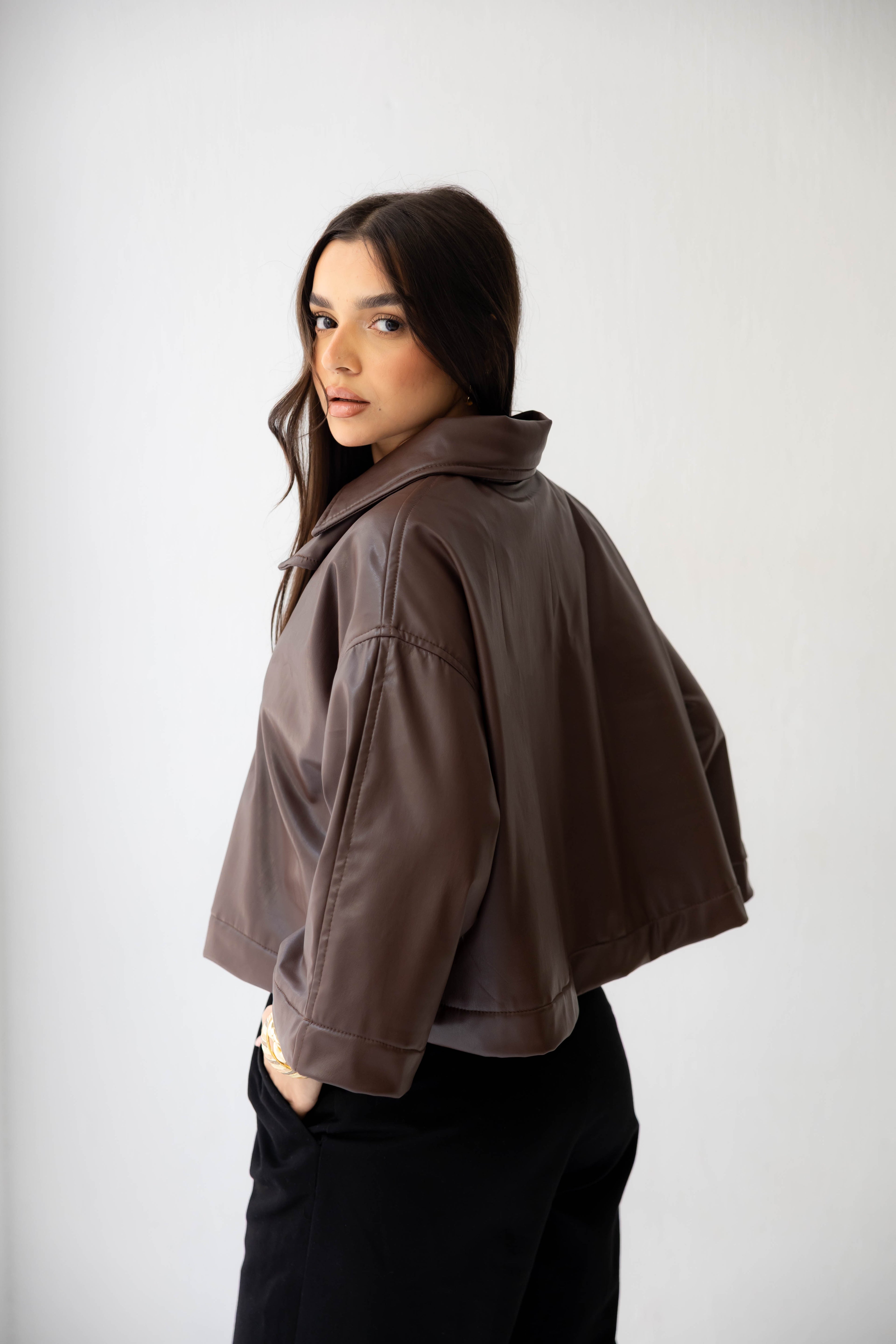 Eden Wide-Sleeve Leather Jacket in brown