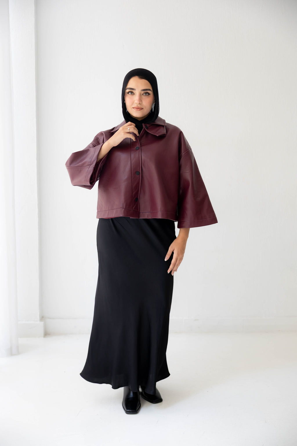 Eden Wide-Sleeve Leather Jacket in burgundy