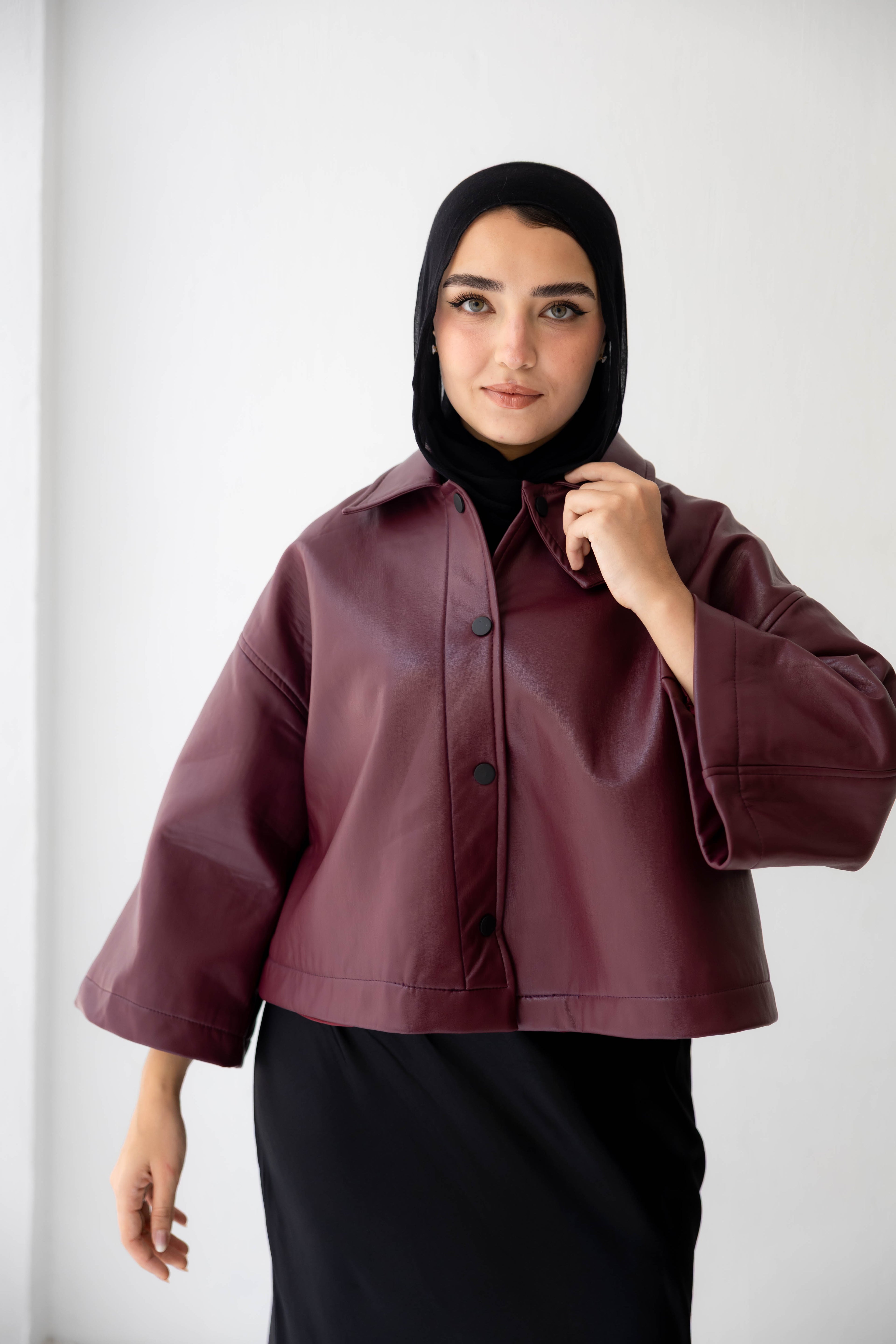 Eden Wide-Sleeve Leather Jacket in burgundy