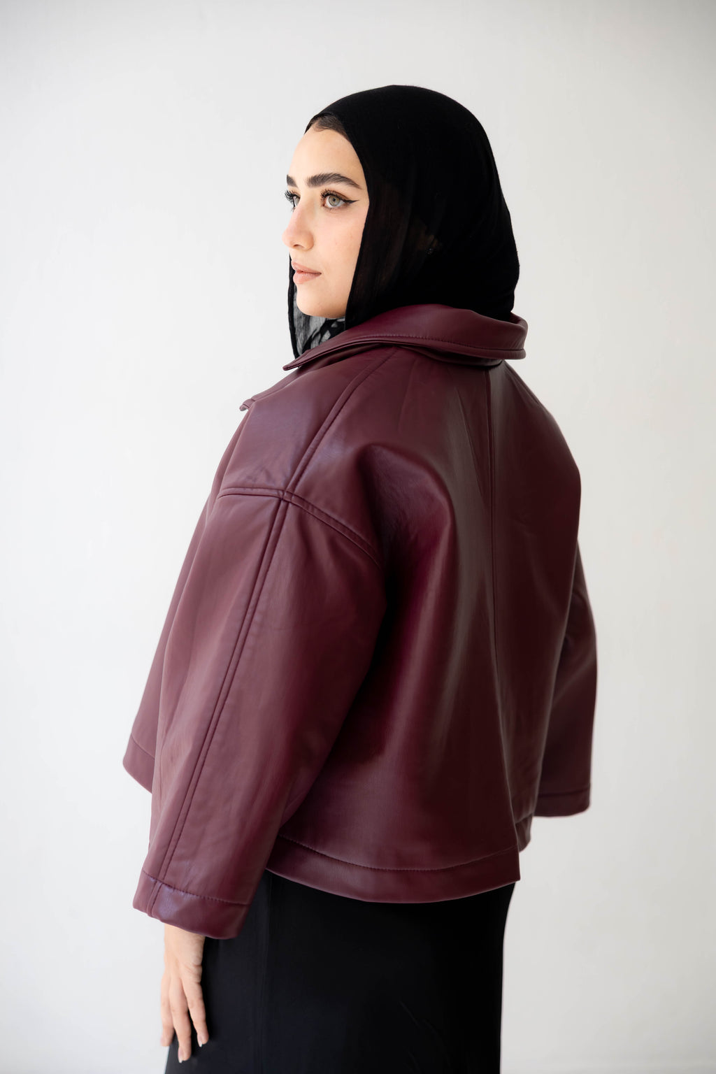 Eden Wide-Sleeve Leather Jacket in burgundy