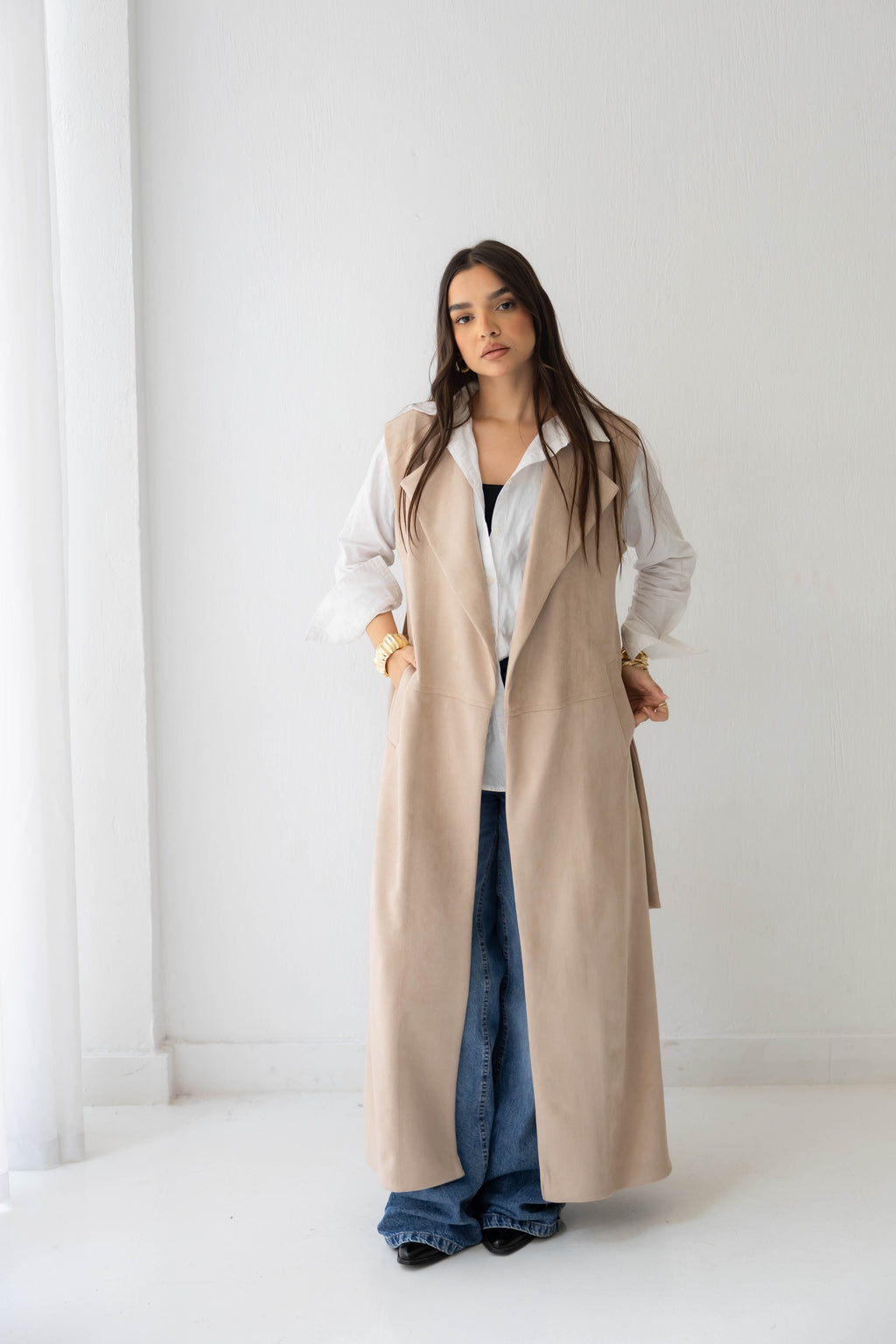 Suede longline sleeveless coat in beige