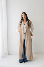 Suede longline sleeveless coat in beige