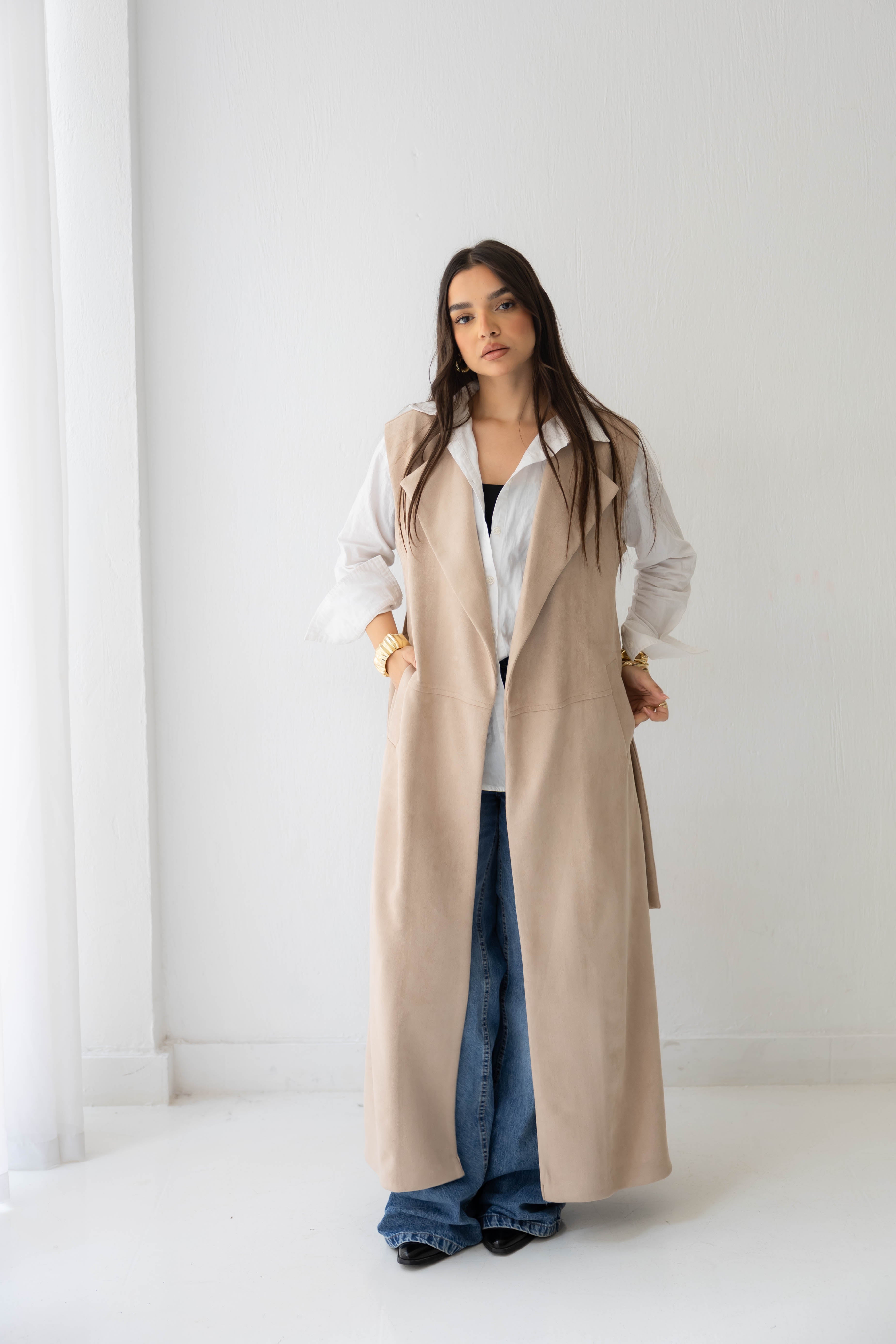 Suede longline sleeveless coat in beige