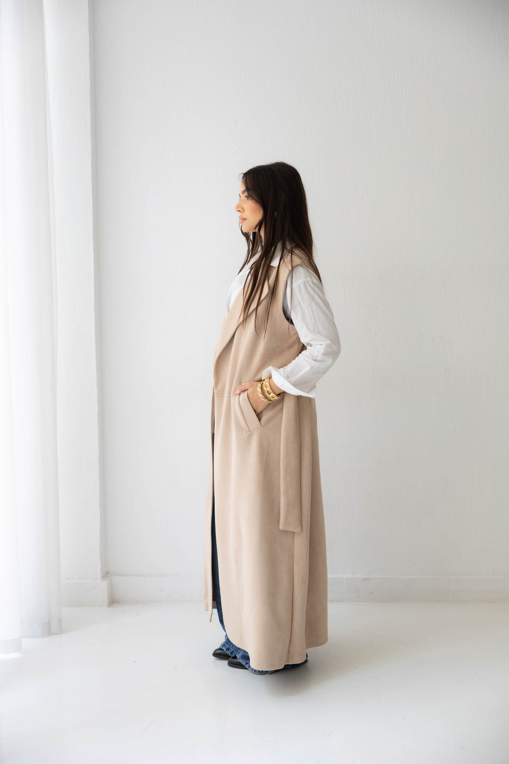 Suede longline sleeveless coat in beige