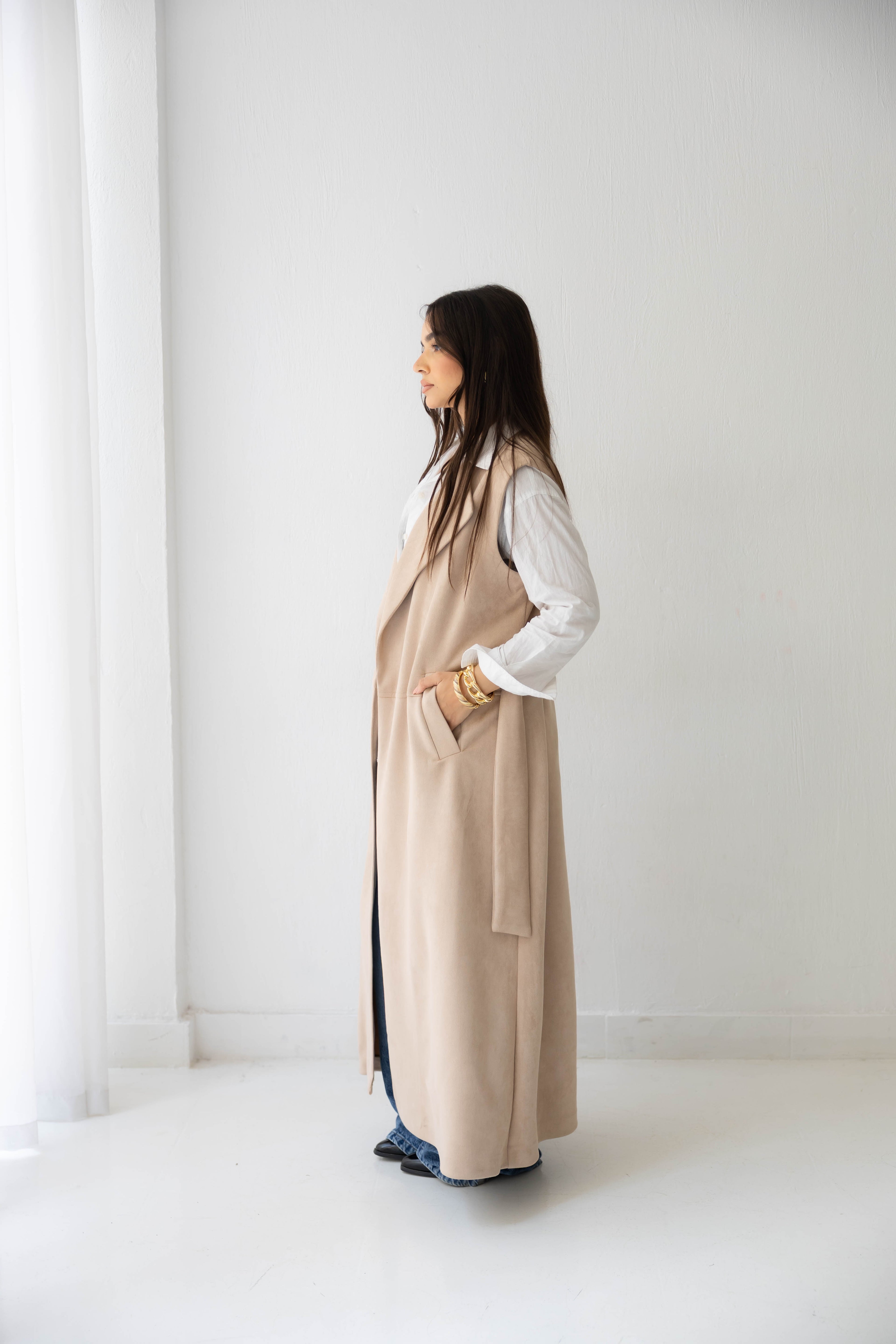 Suede longline sleeveless coat in beige