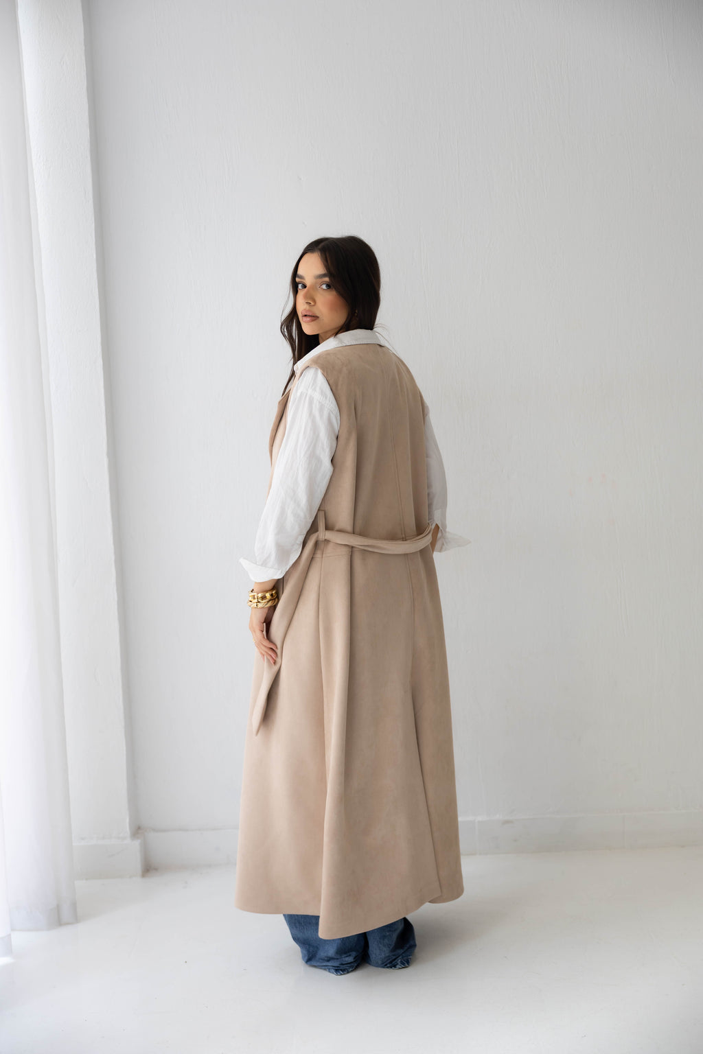 Suede longline sleeveless coat in beige