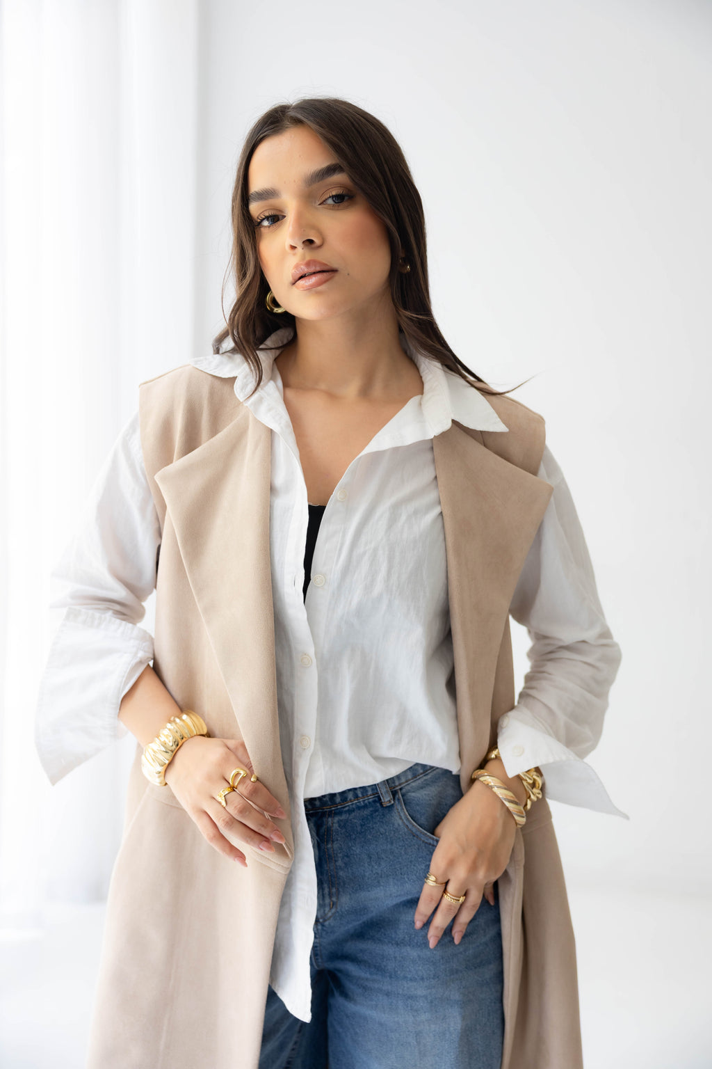 Suede longline sleeveless coat in beige