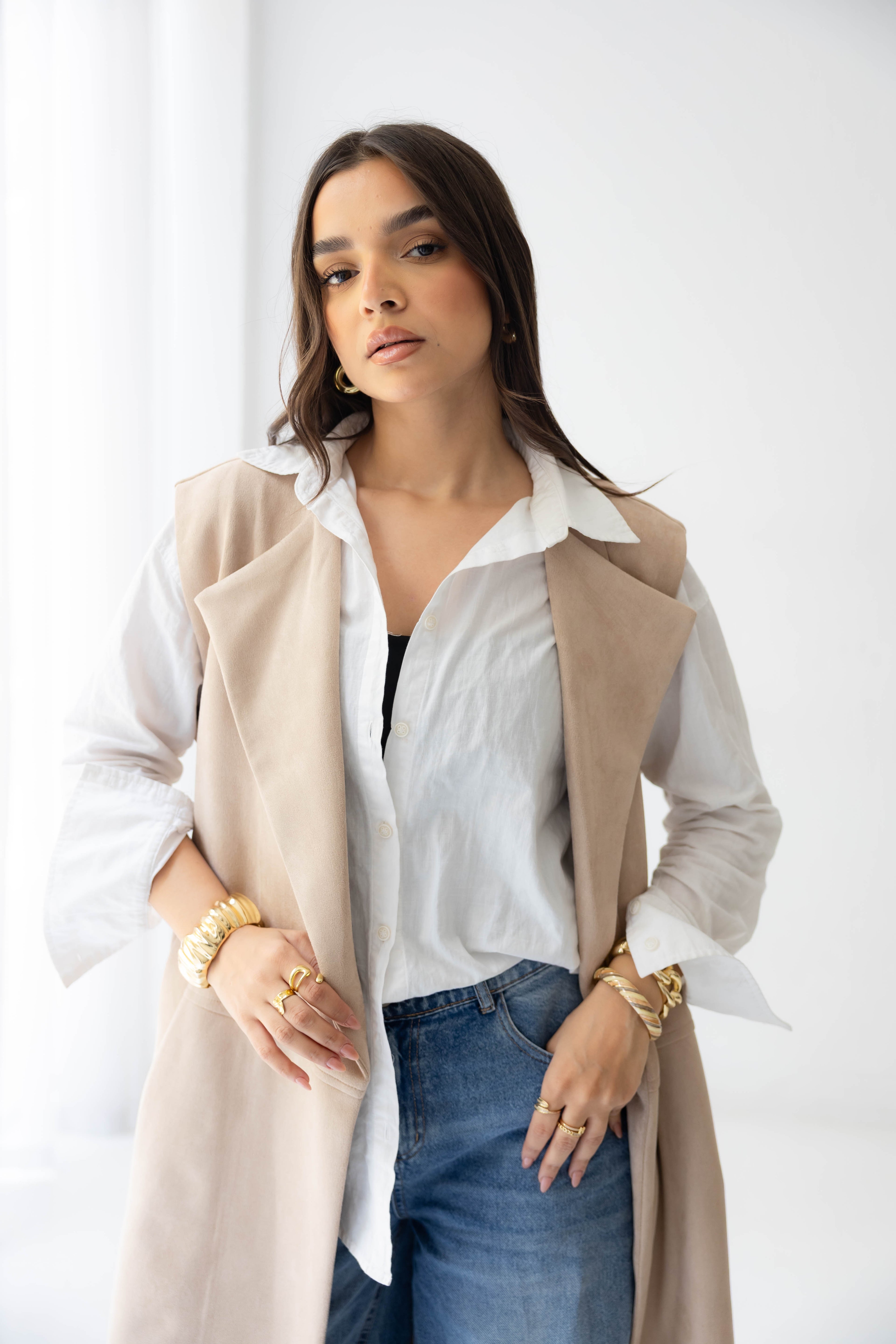 Suede longline sleeveless coat in beige