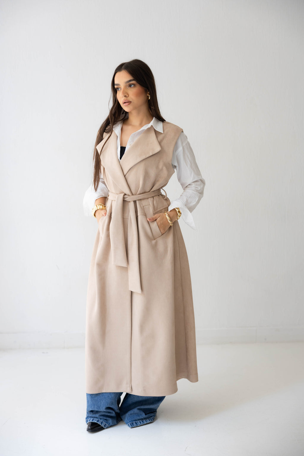 Suede longline sleeveless coat in beige