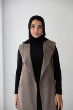 Suede longline sleeveless coat in ash brown