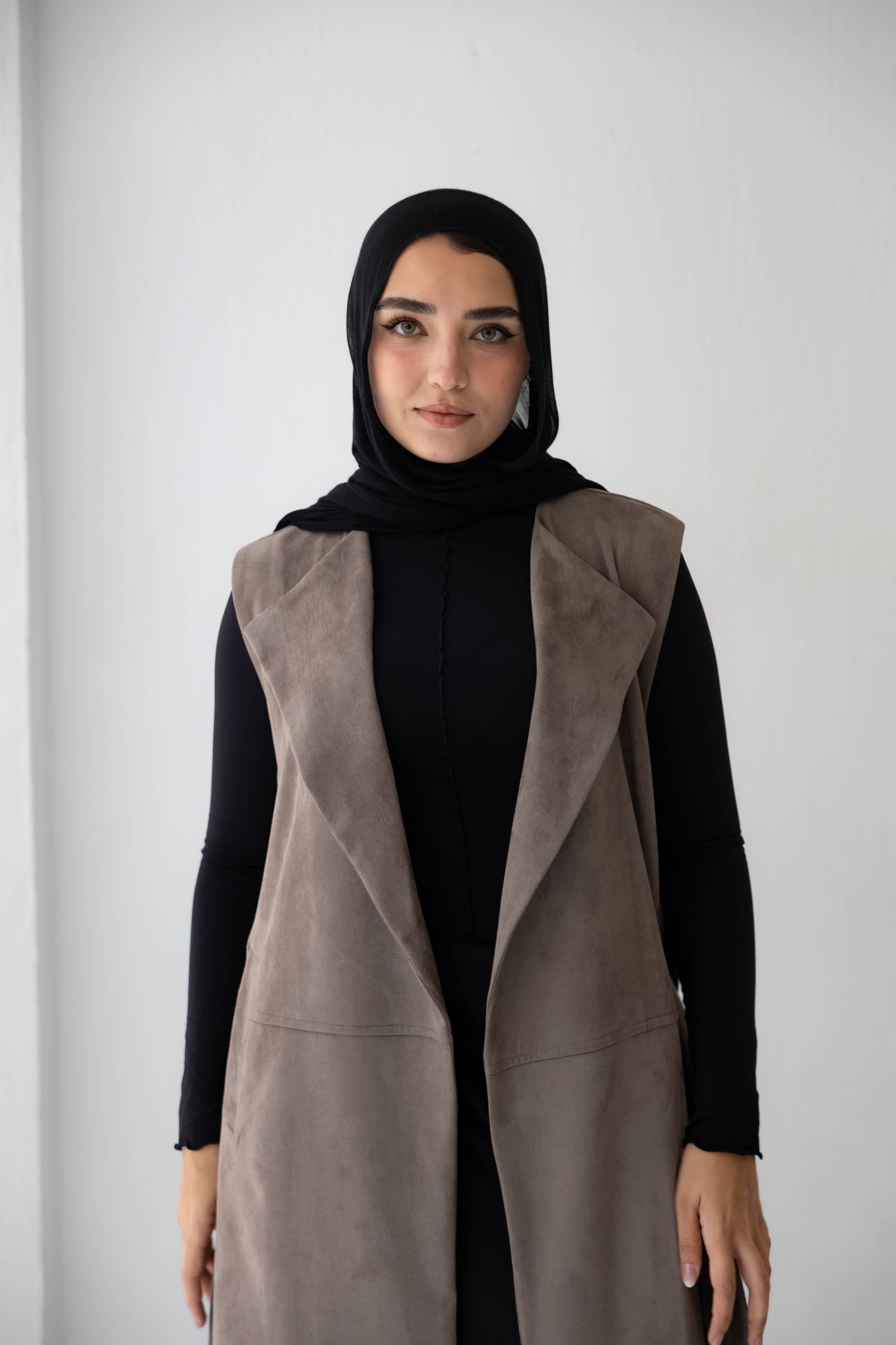 Suede longline sleeveless coat in ash brown