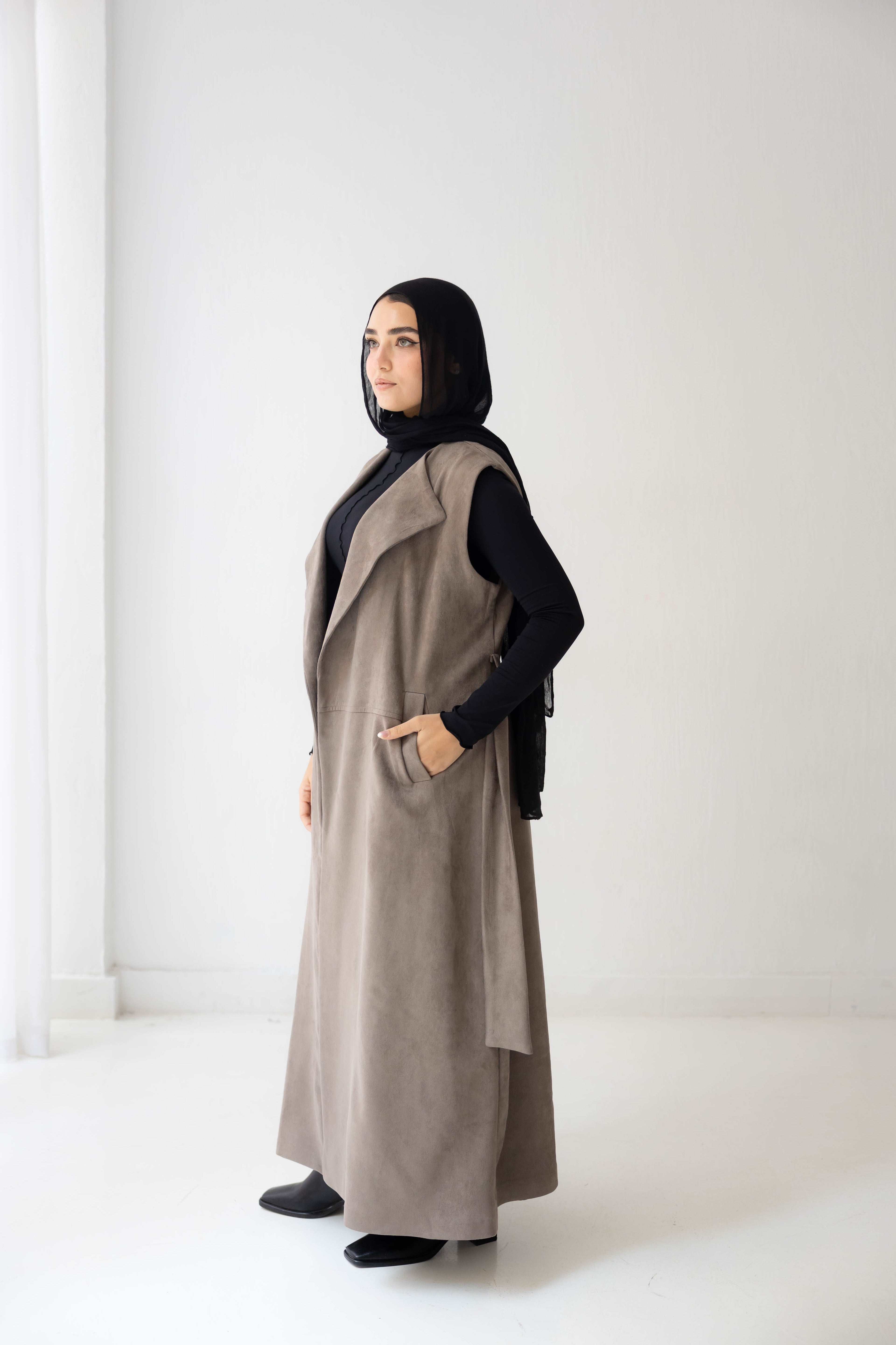 Suede longline sleeveless coat in ash brown
