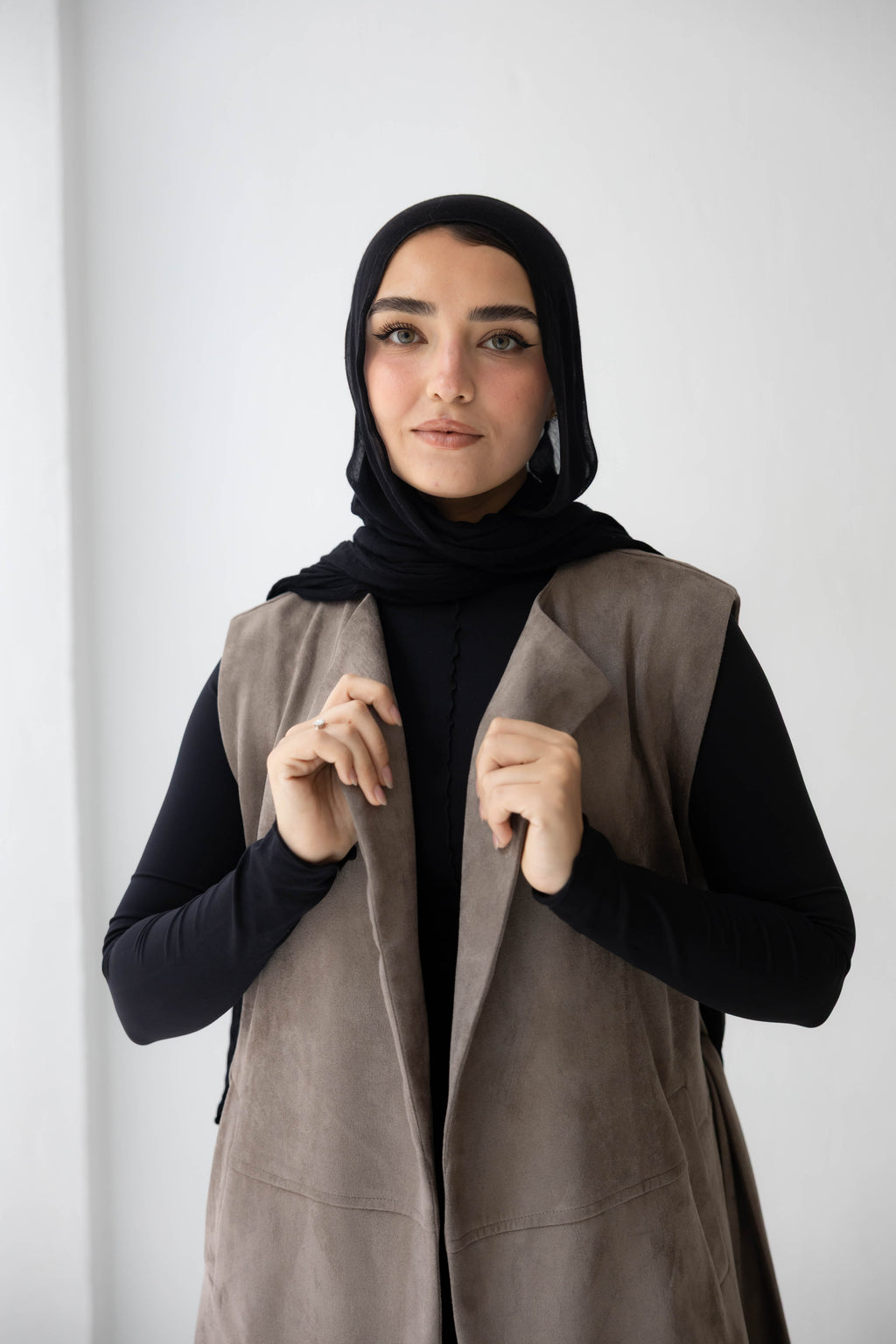 Suede longline sleeveless coat in ash brown