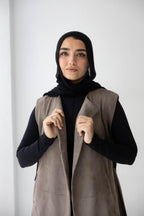 Suede longline sleeveless coat in ash brown