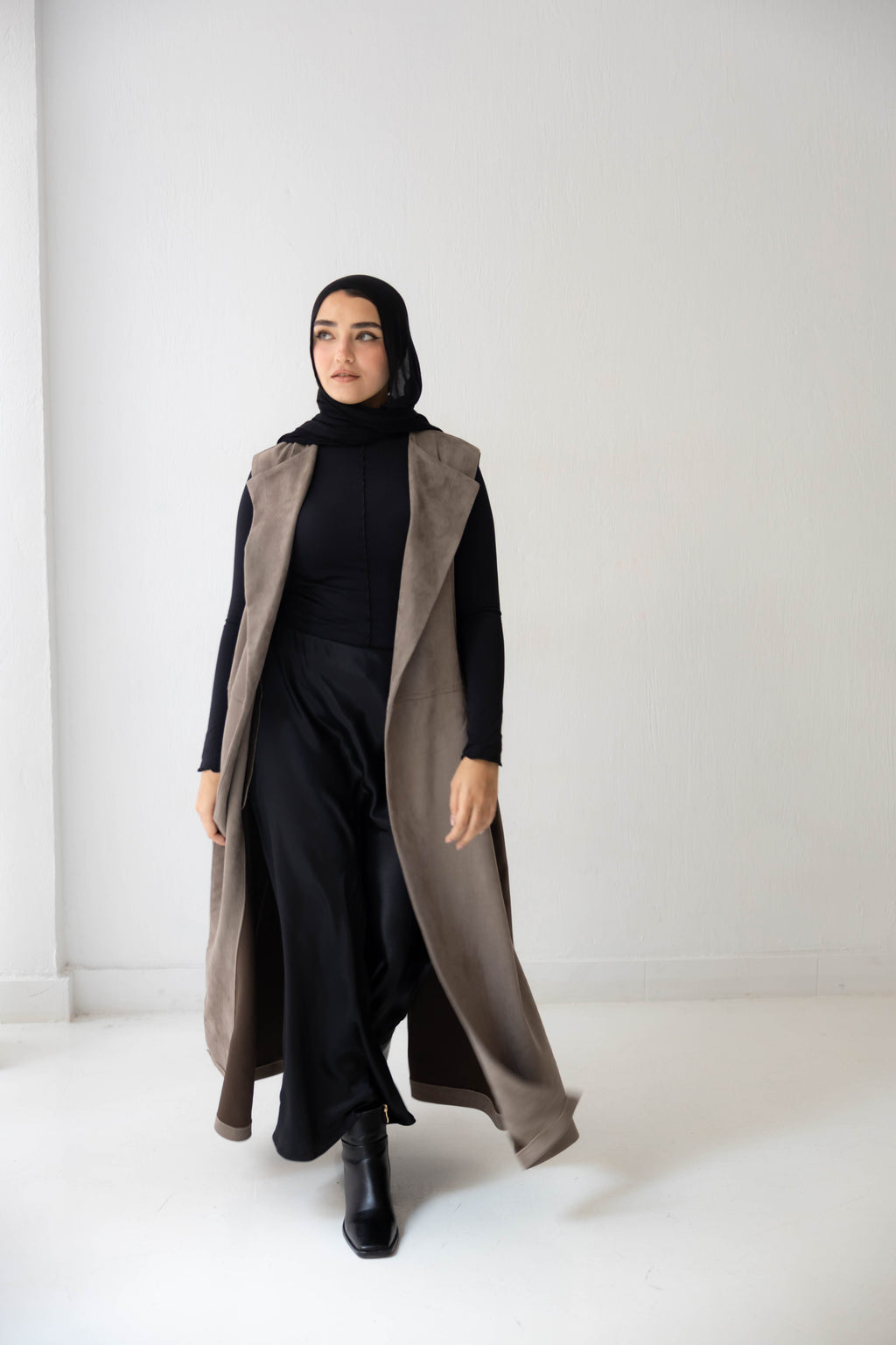 Suede longline sleeveless coat in ash brown