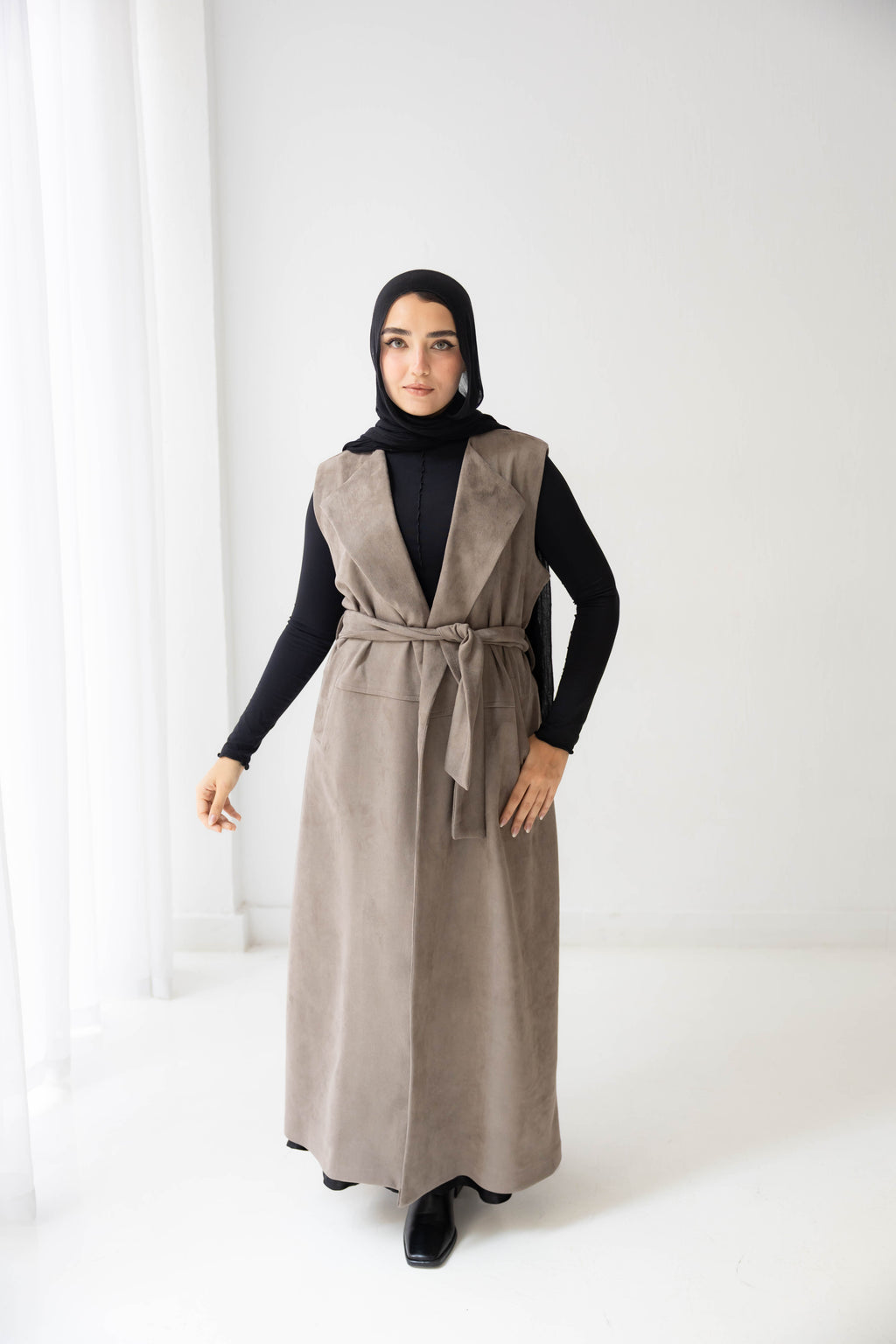 Suede longline sleeveless coat in ash brown