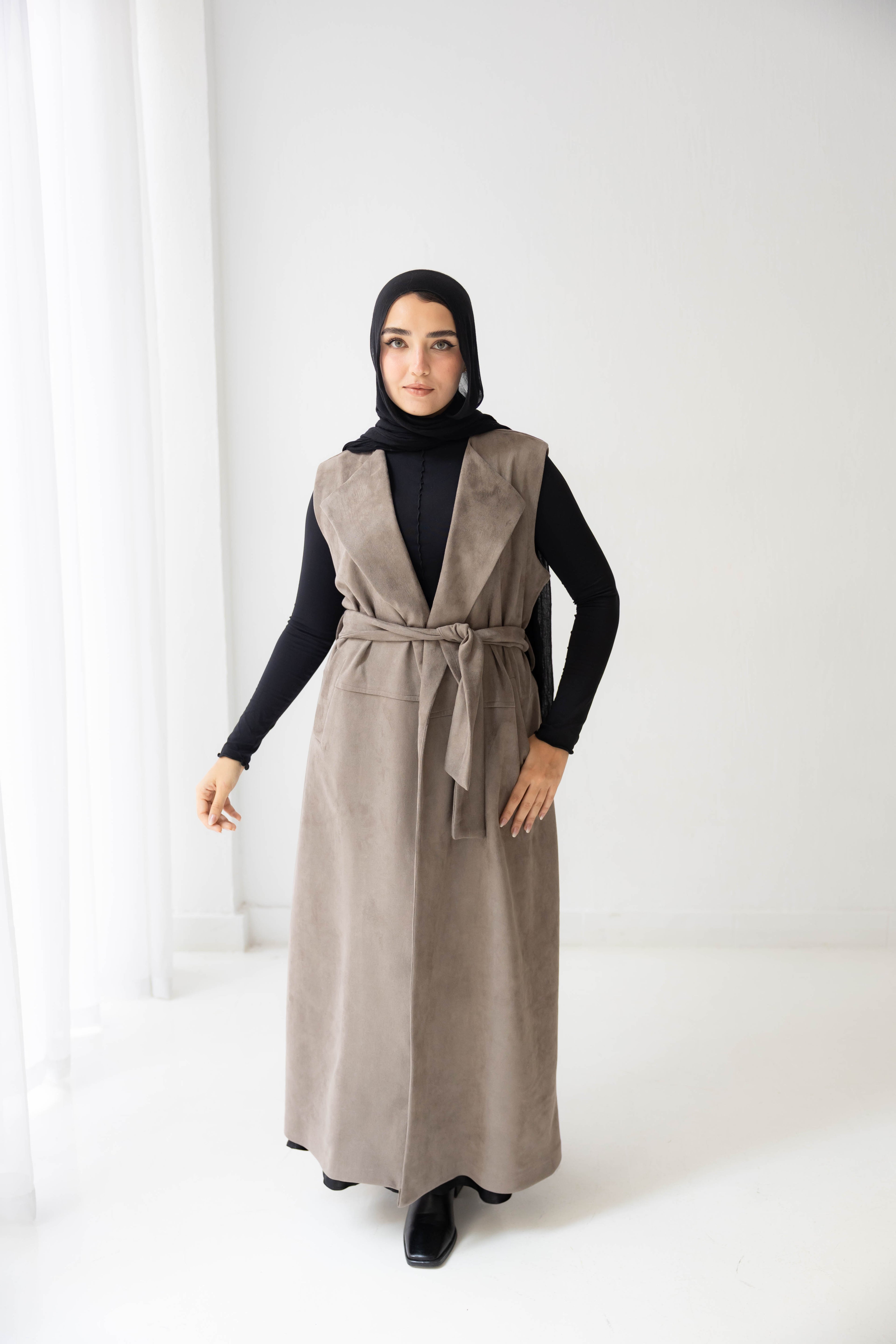 Suede longline sleeveless coat in ash brown