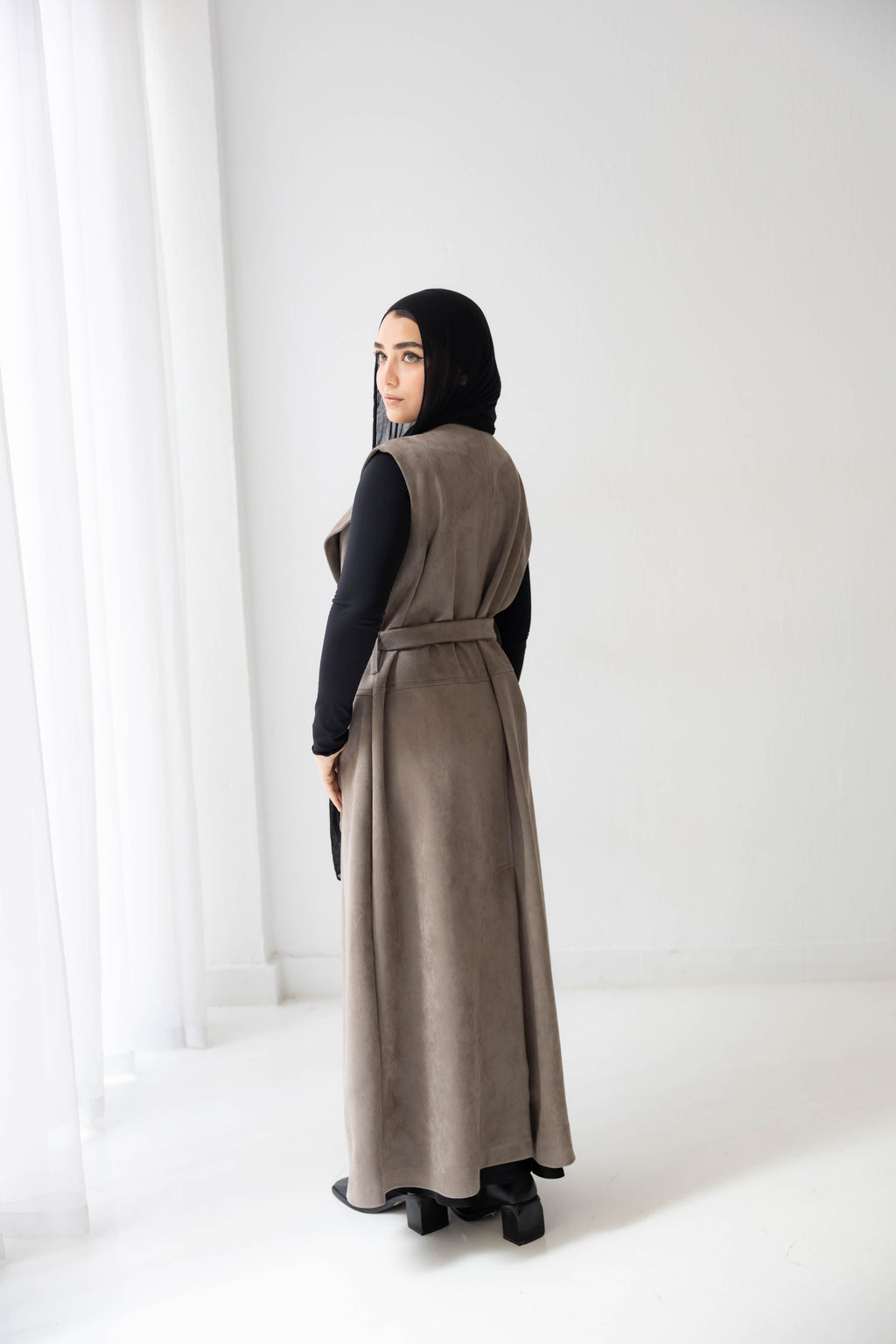 Suede longline sleeveless coat in ash brown