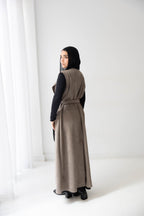 Suede longline sleeveless coat in ash brown