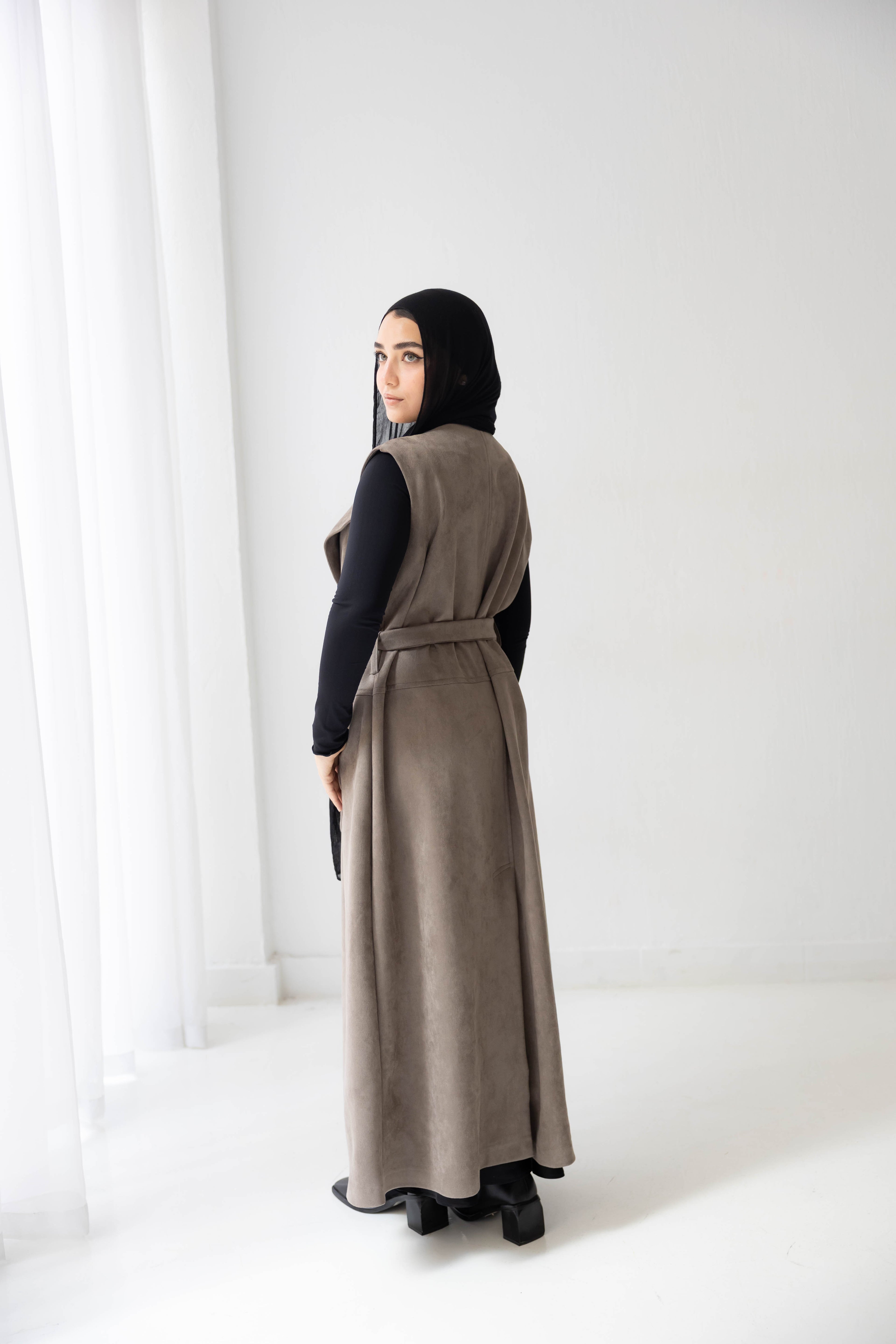 Suede longline sleeveless coat in ash brown