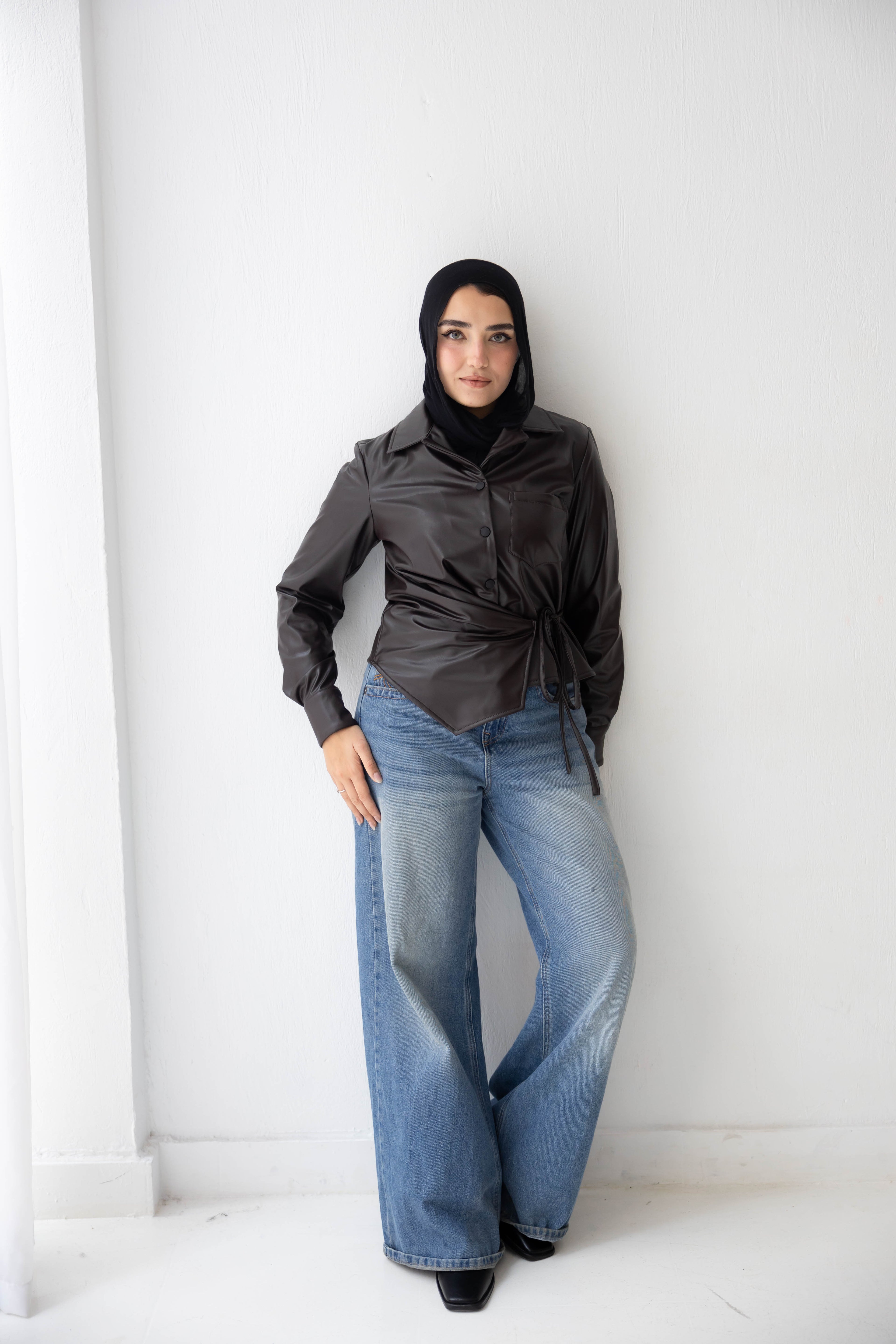 wrap leather shirt in brown