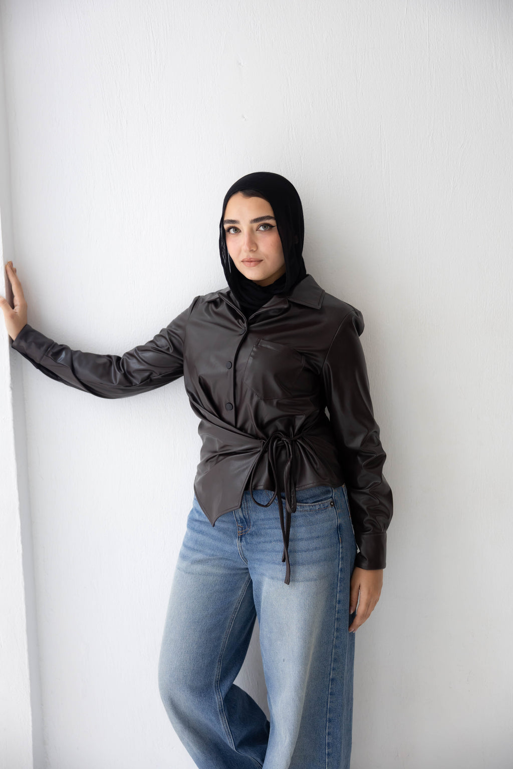 wrap leather shirt in brown