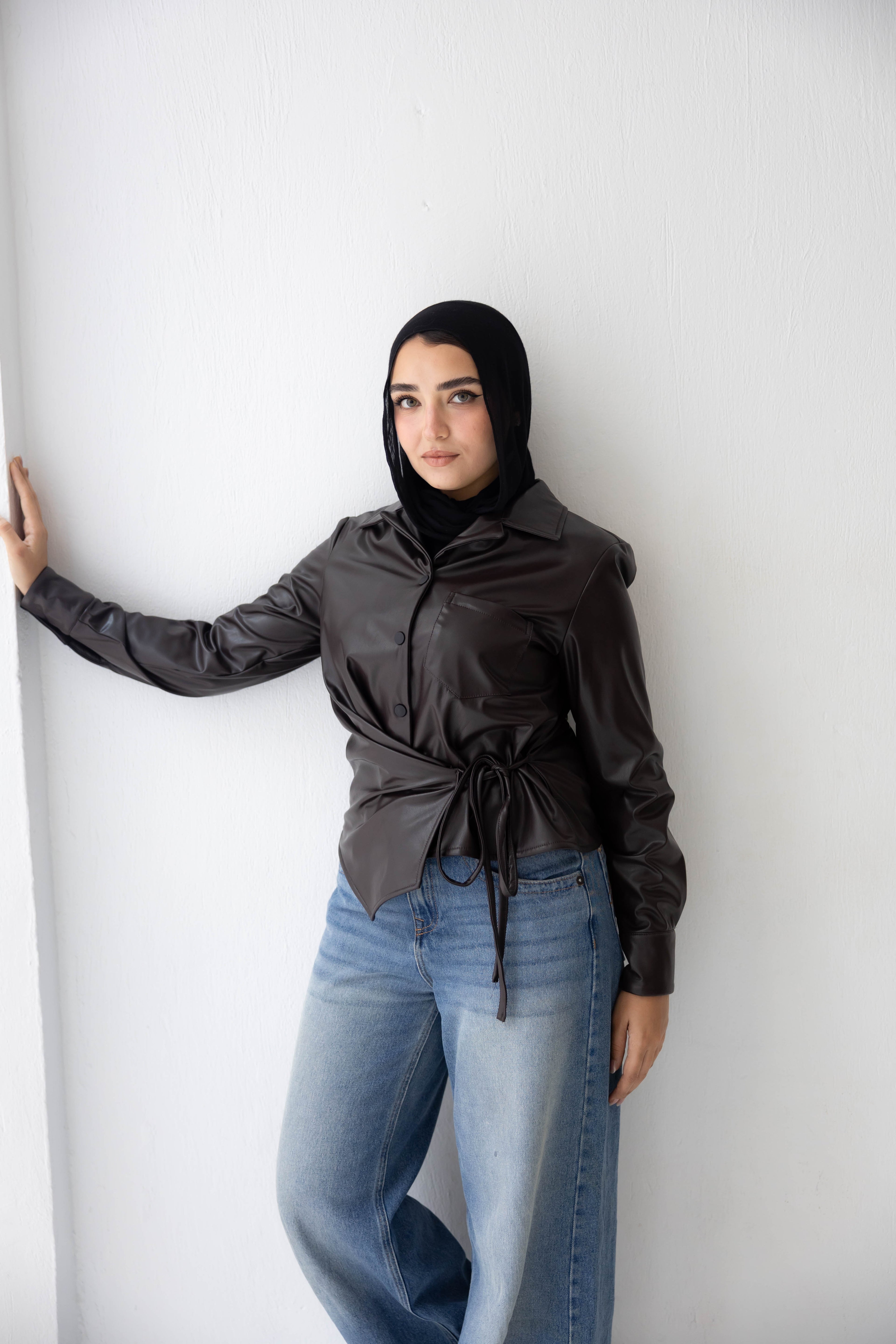 wrap leather shirt in brown