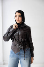 wrap leather shirt in brown