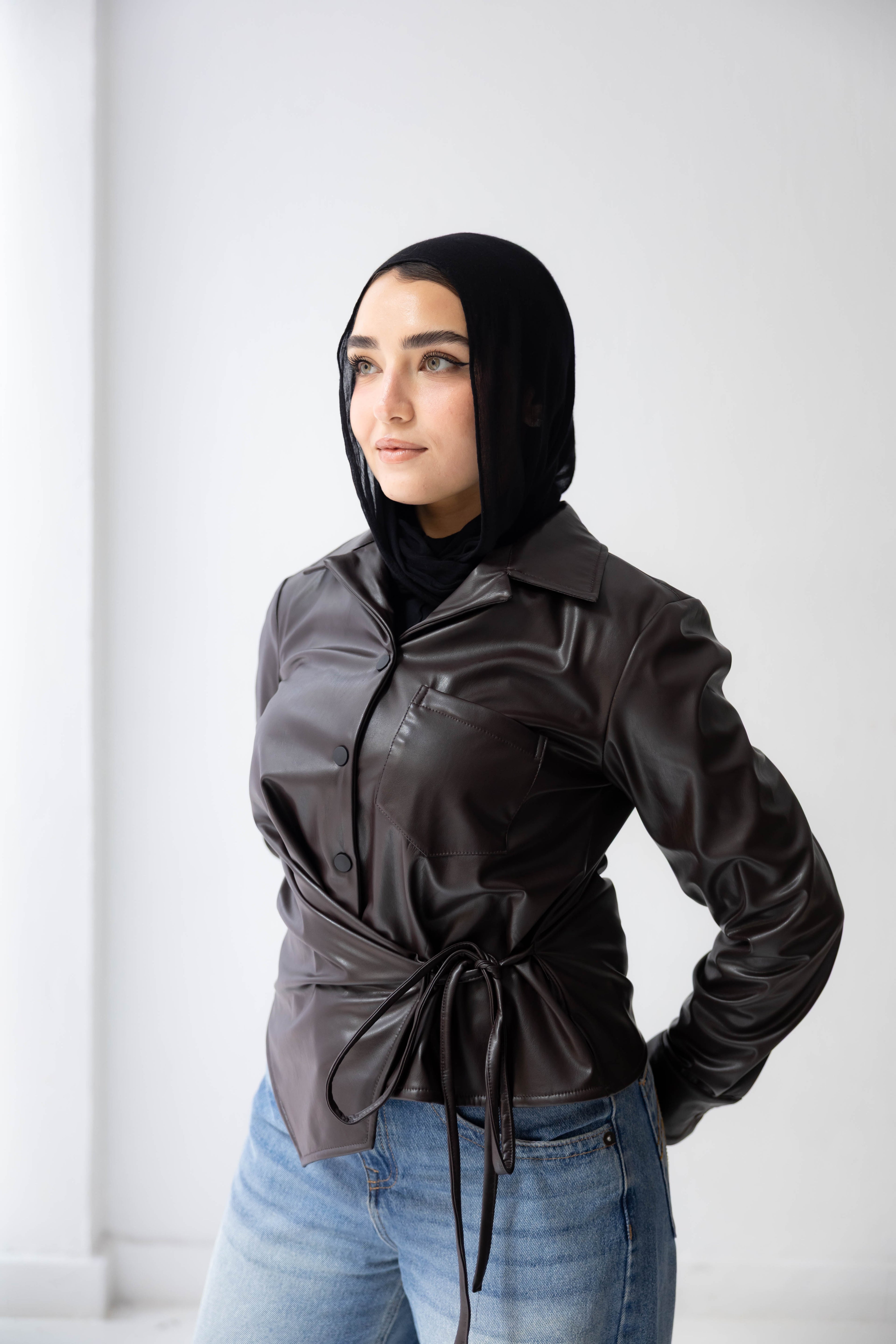 wrap leather shirt in brown