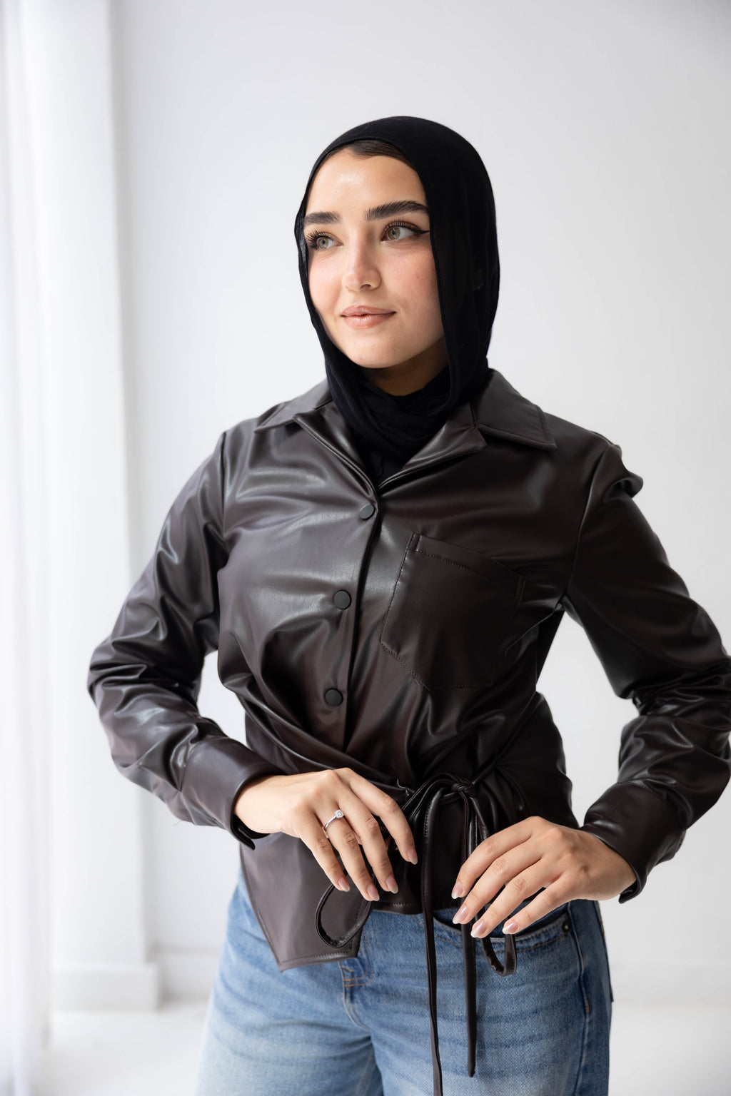 wrap leather shirt in brown