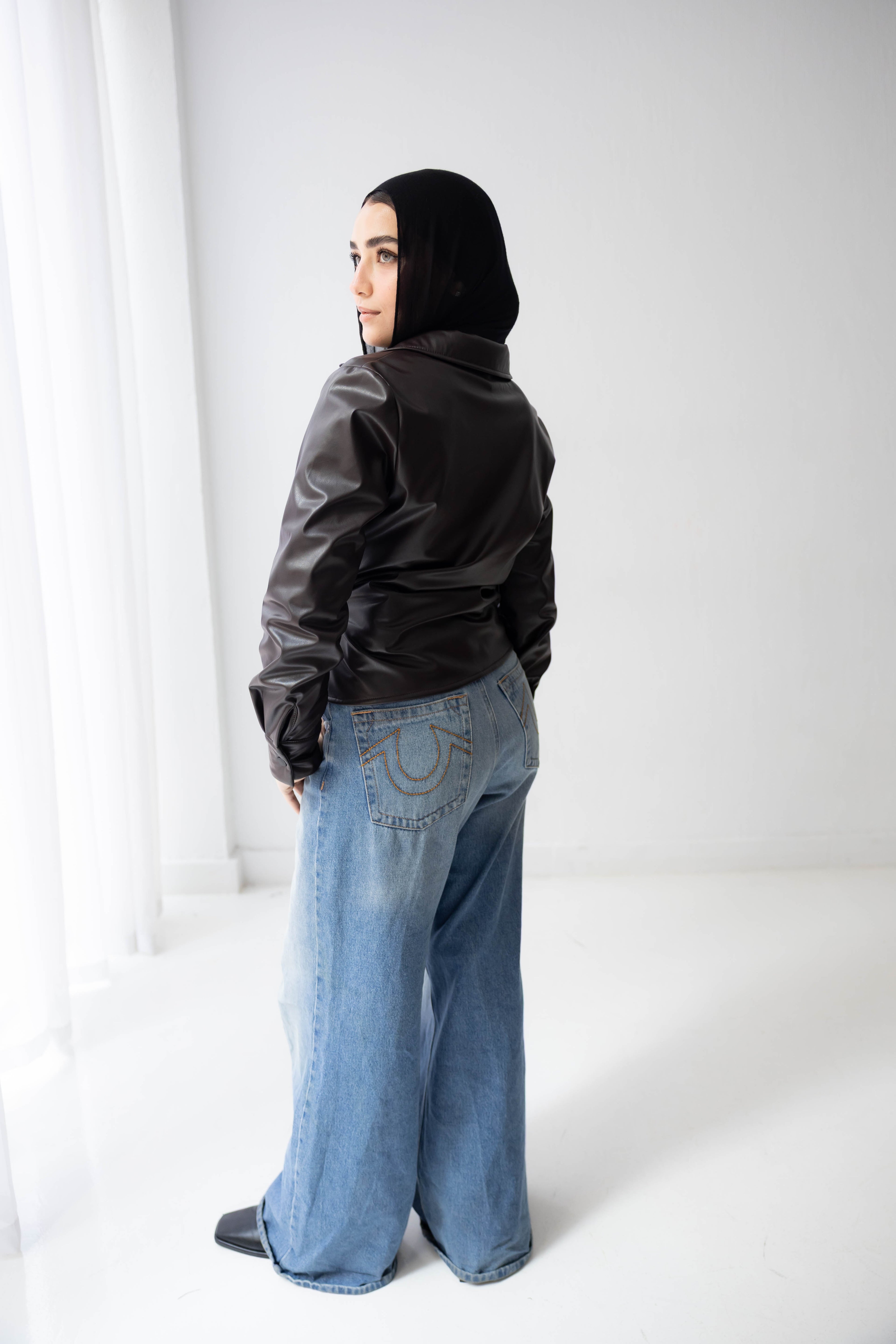 wrap leather shirt in brown