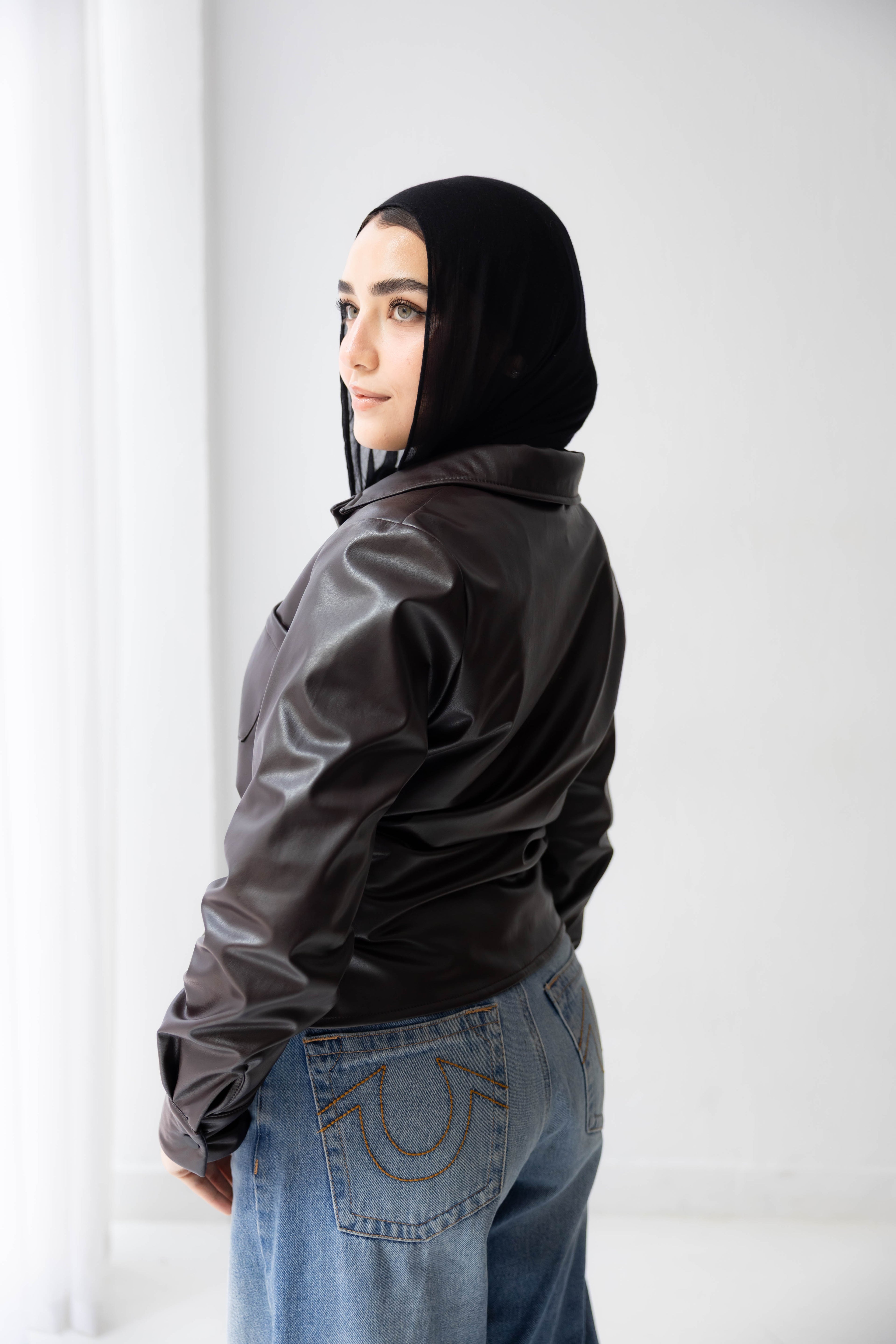 wrap leather shirt in brown