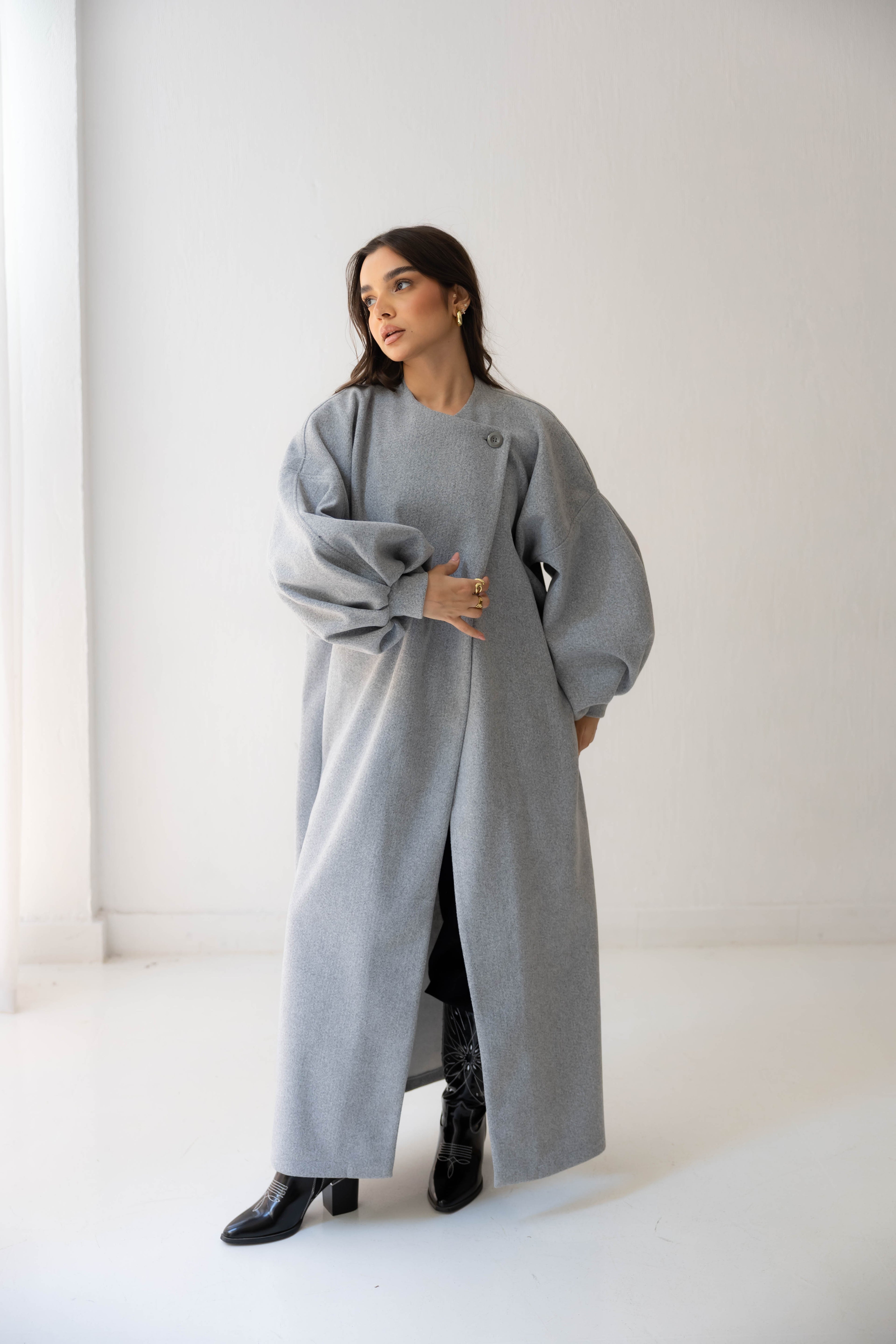 Luna Drape-Front Maxi Coat in grey