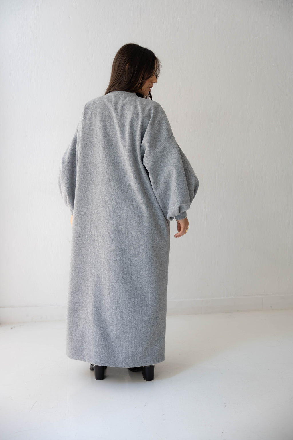 Luna Drape-Front Maxi Coat in grey