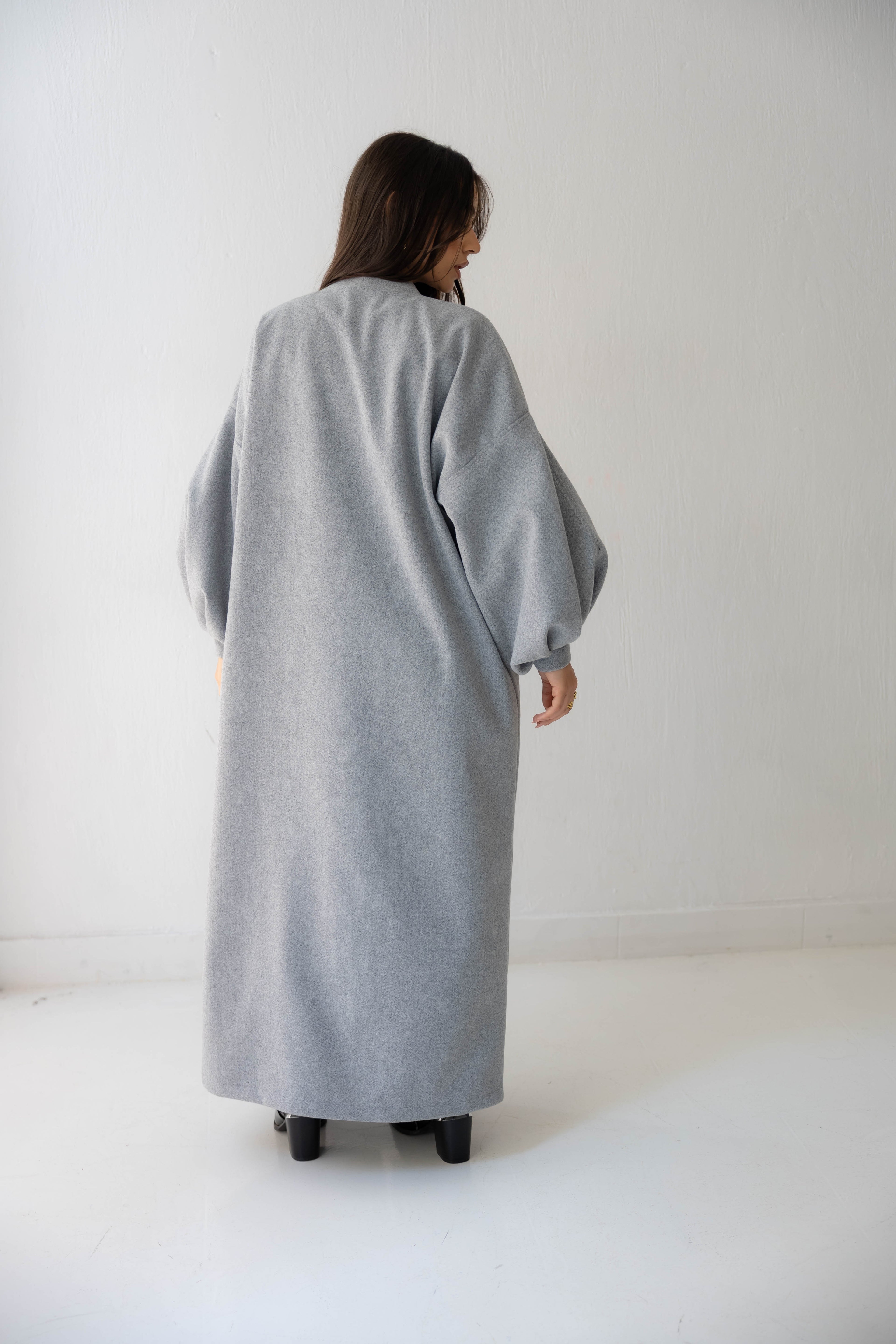 Luna Drape-Front Maxi Coat in grey
