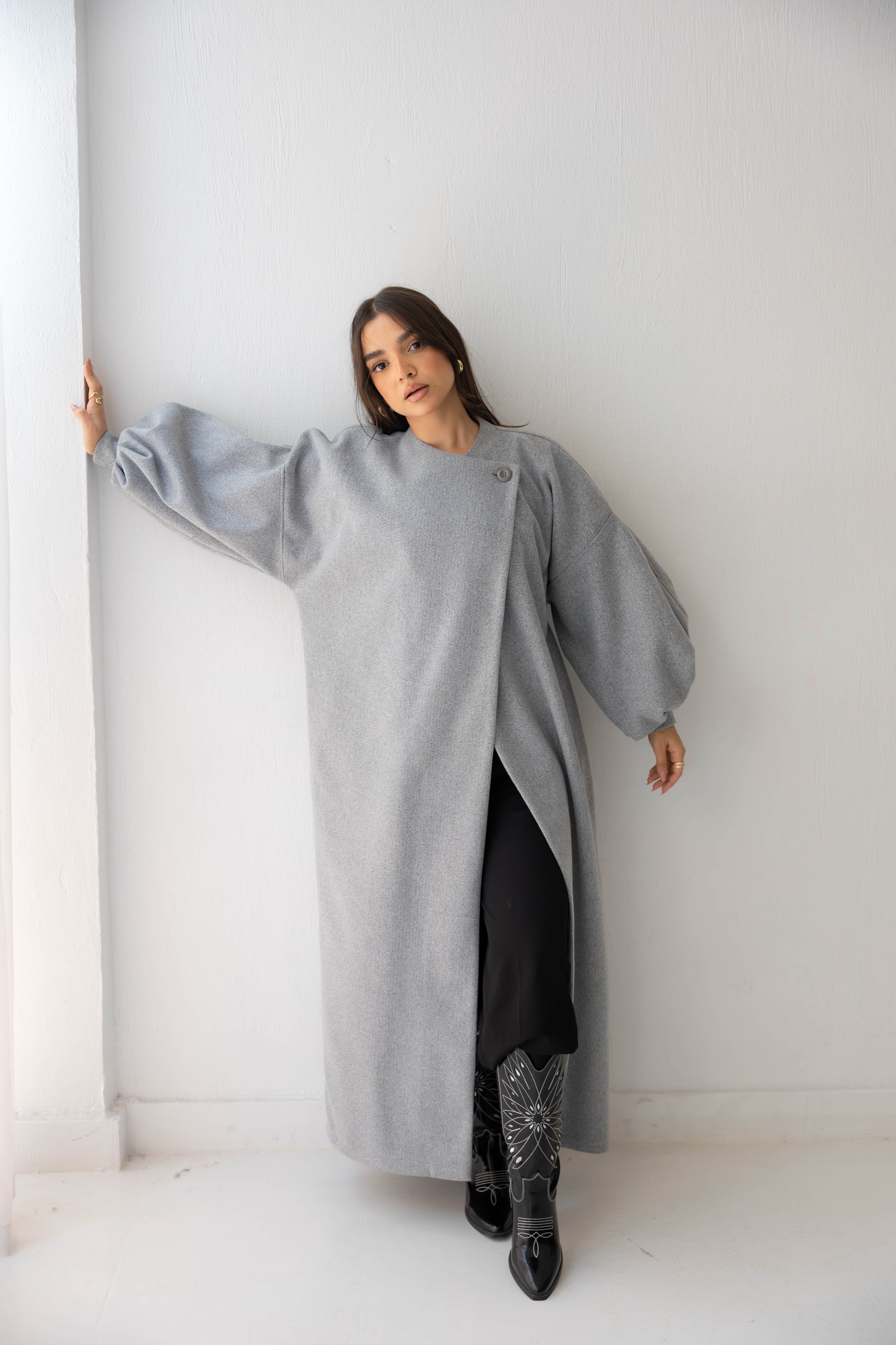 Luna Drape-Front Maxi Coat in grey