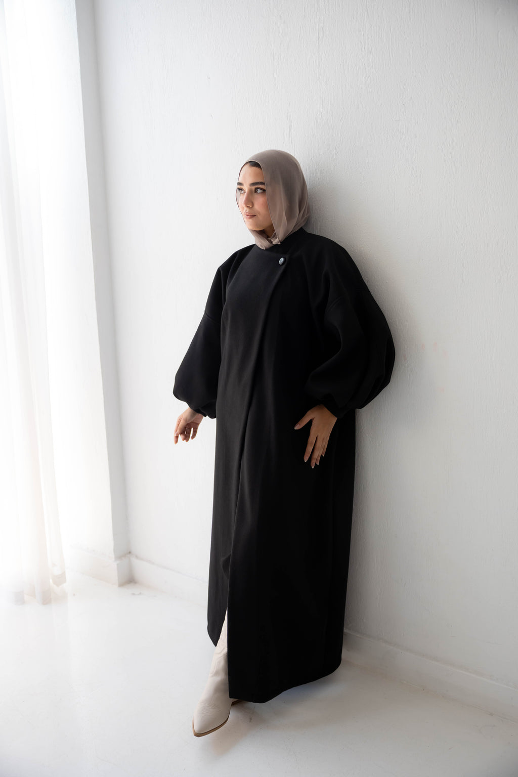 Luna Drape-Front Maxi Coat in black